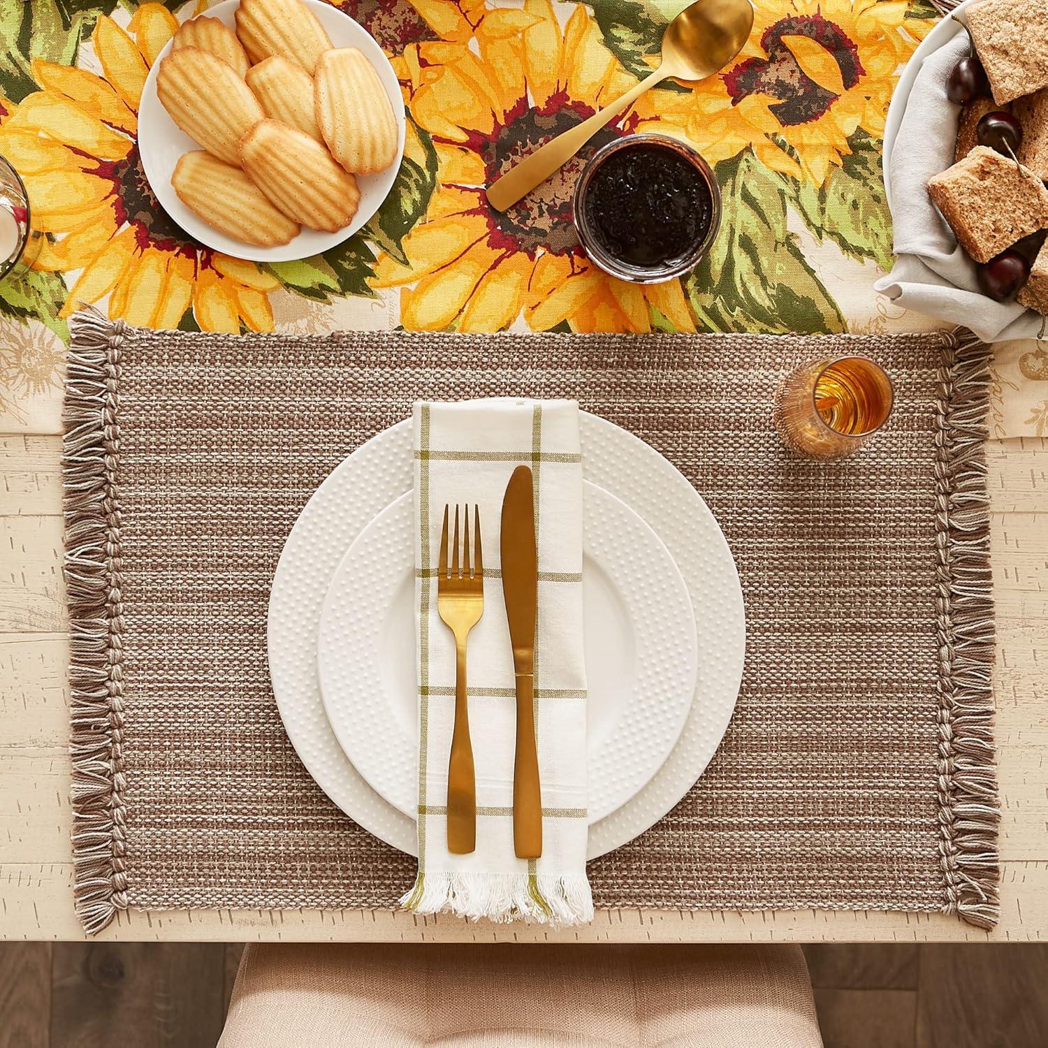 Variegated Beige Mushroom Fringe Cotton Placemats 13x19 (Set of 6)