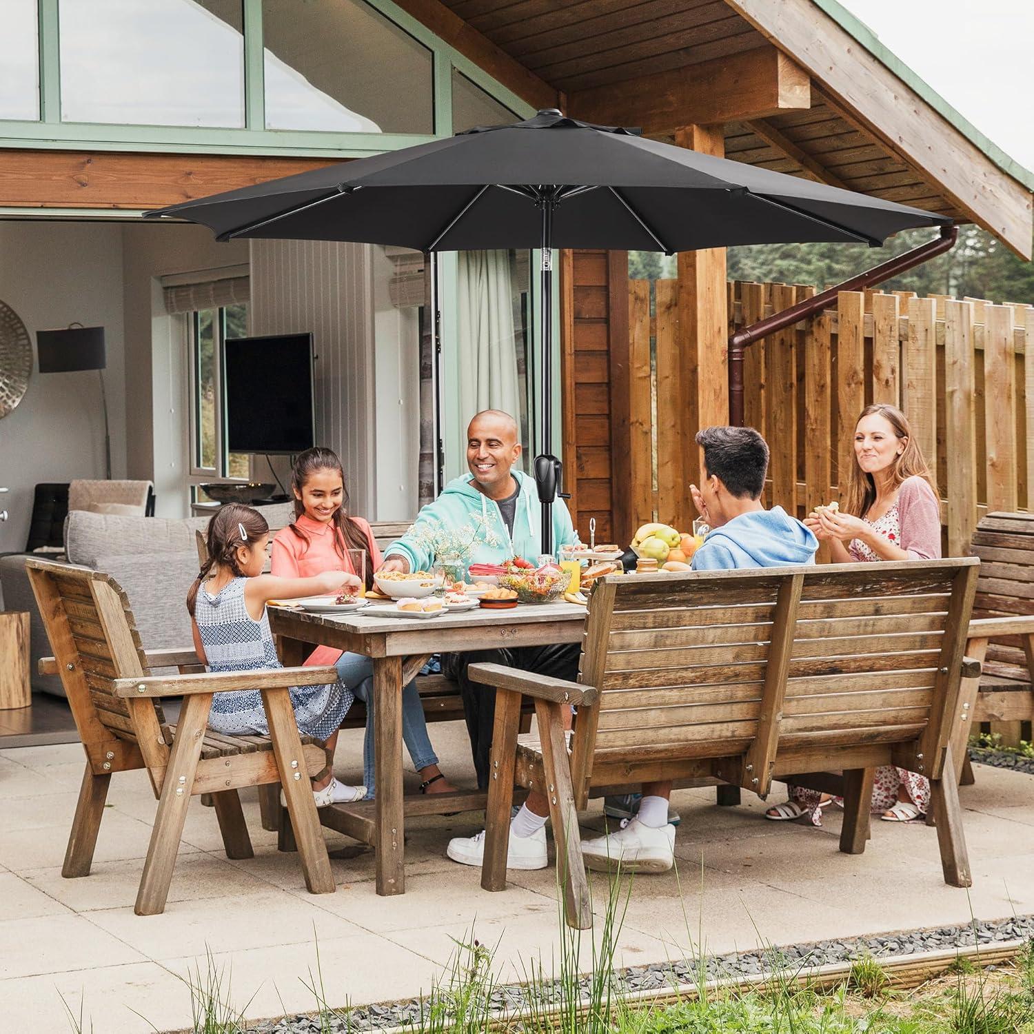 Sun-Ray 9' Black Round Market Umbrella with Push Button Tilt and Crank