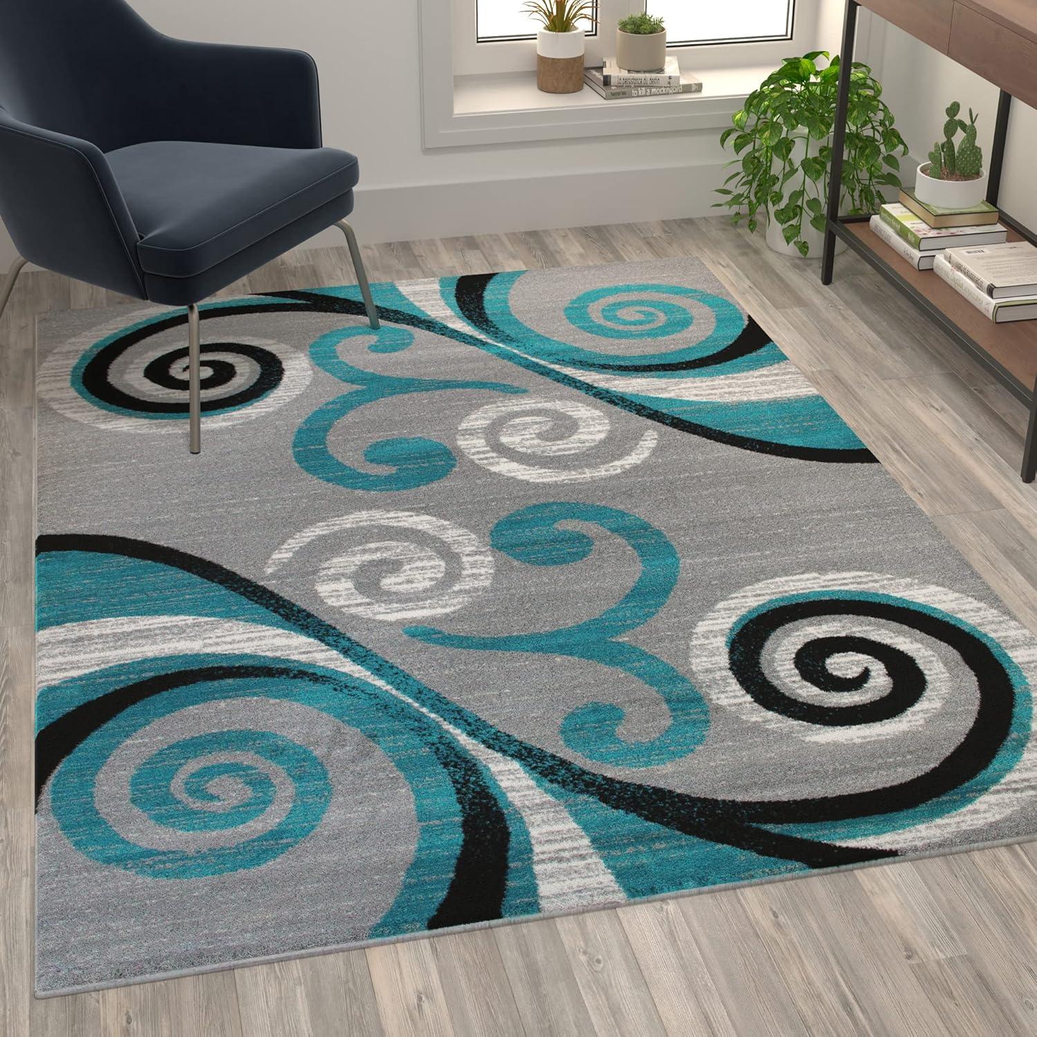 Flash Furniture Valli Rectangular Contemporary Black, White, Grey, Turquoise Area Rug, 5' x 7'