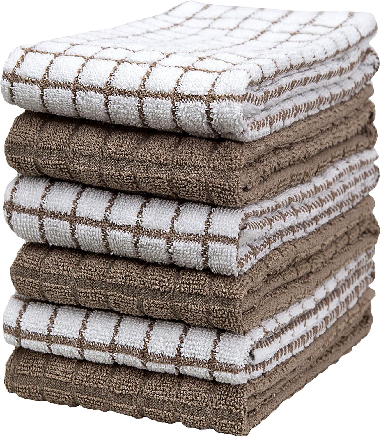 Tan and White Cotton Checkered Kitchen Towel Set, 16" x 28", 6 Pack