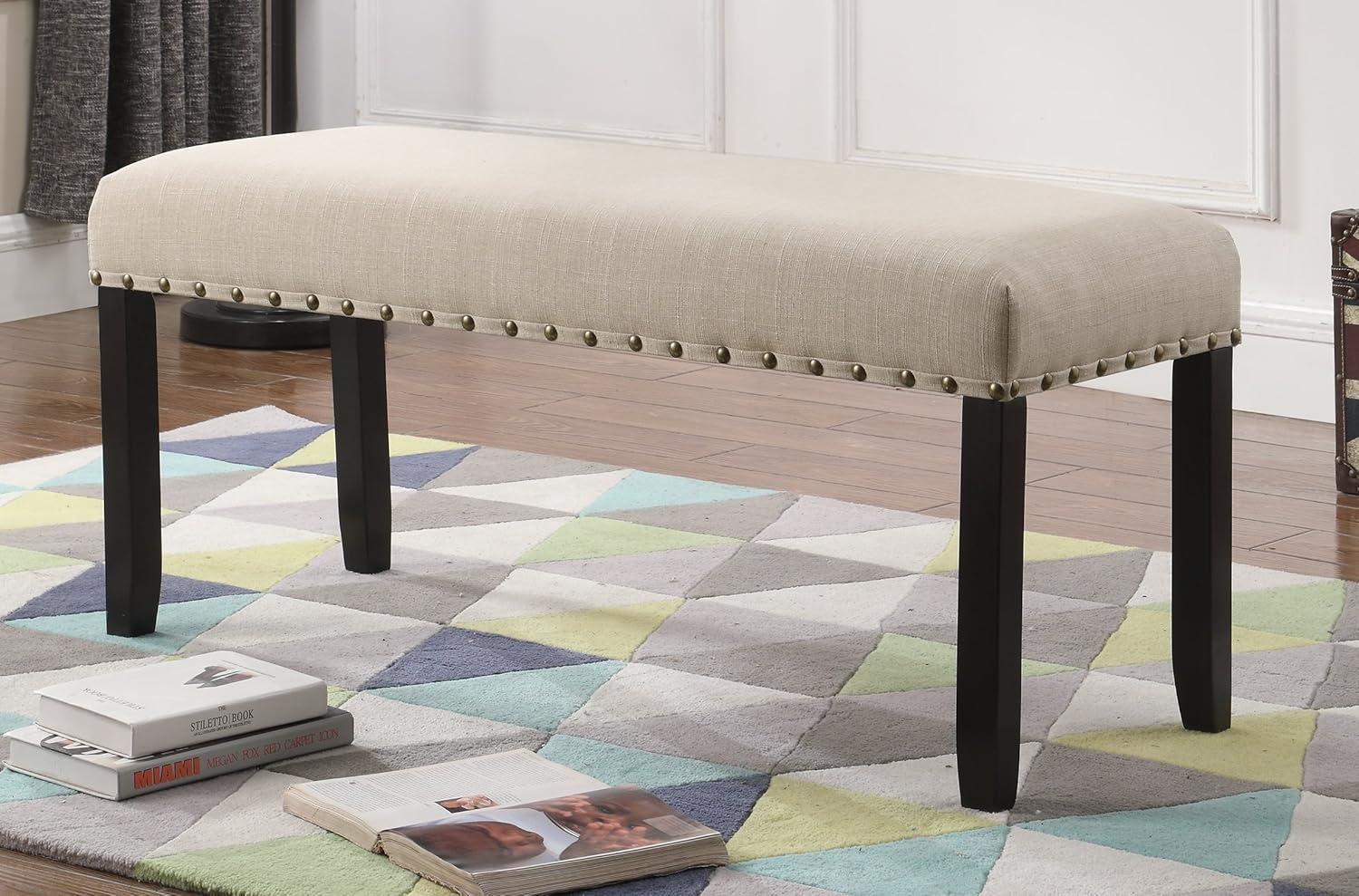 Roundhill Furniture Biony Fabric Dining Bench with Nailhead Trim, Tan
