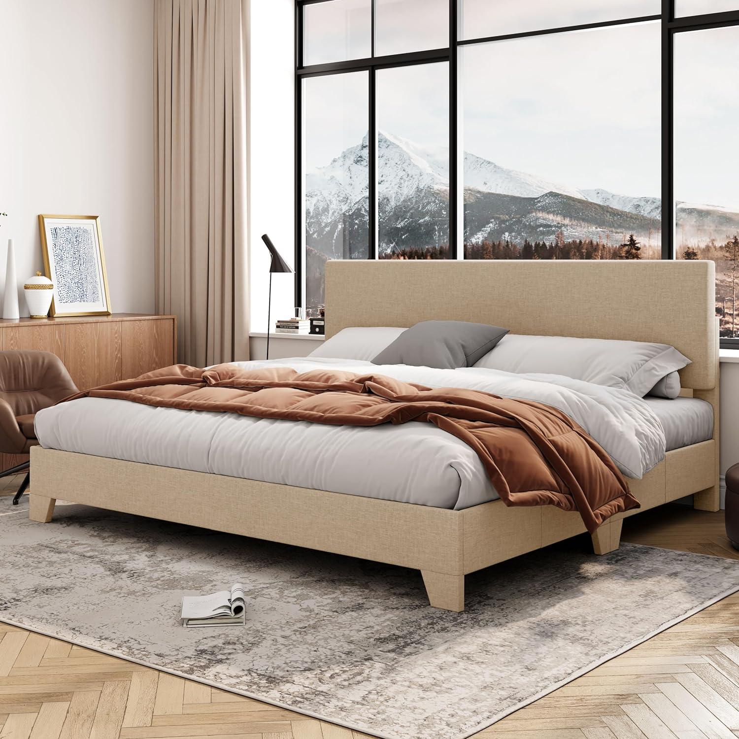 Beige King Upholstered Bed Frame with Adjustable Linen Headboard