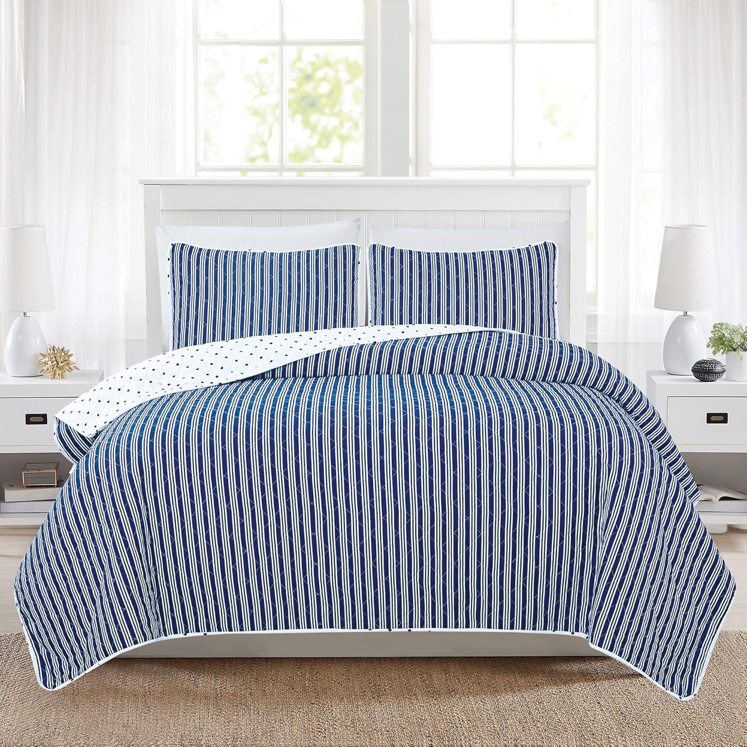 King White and Navy Reversible Microfiber Quilt Set