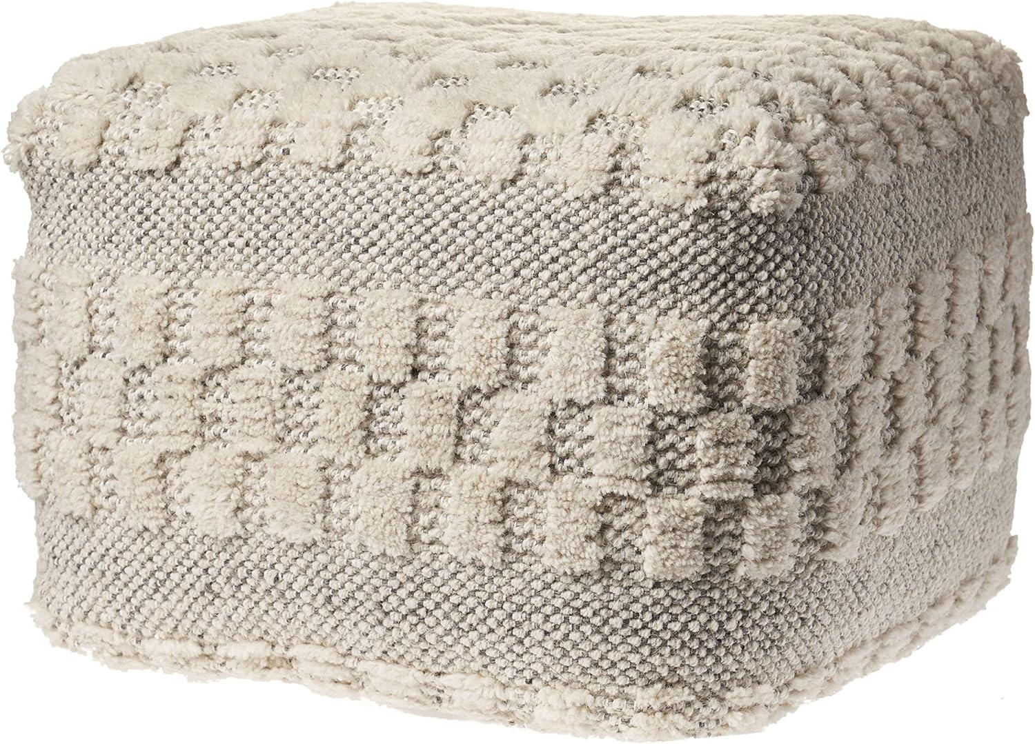 Cream & Light Gray Tufted Geometric Jute Pouf, 18"x18"x14"