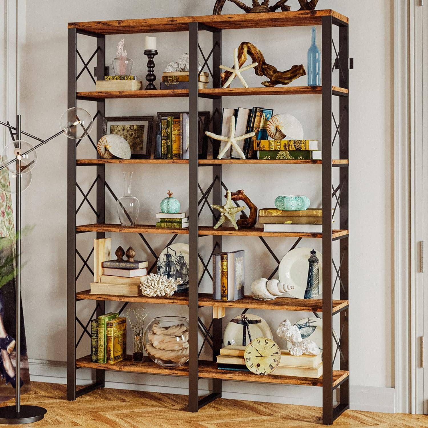 IRONCK Bookshelf Double Wide 6-Tier 76" H Industrial Style Wood and Metal for Home Office, Vintage Brown