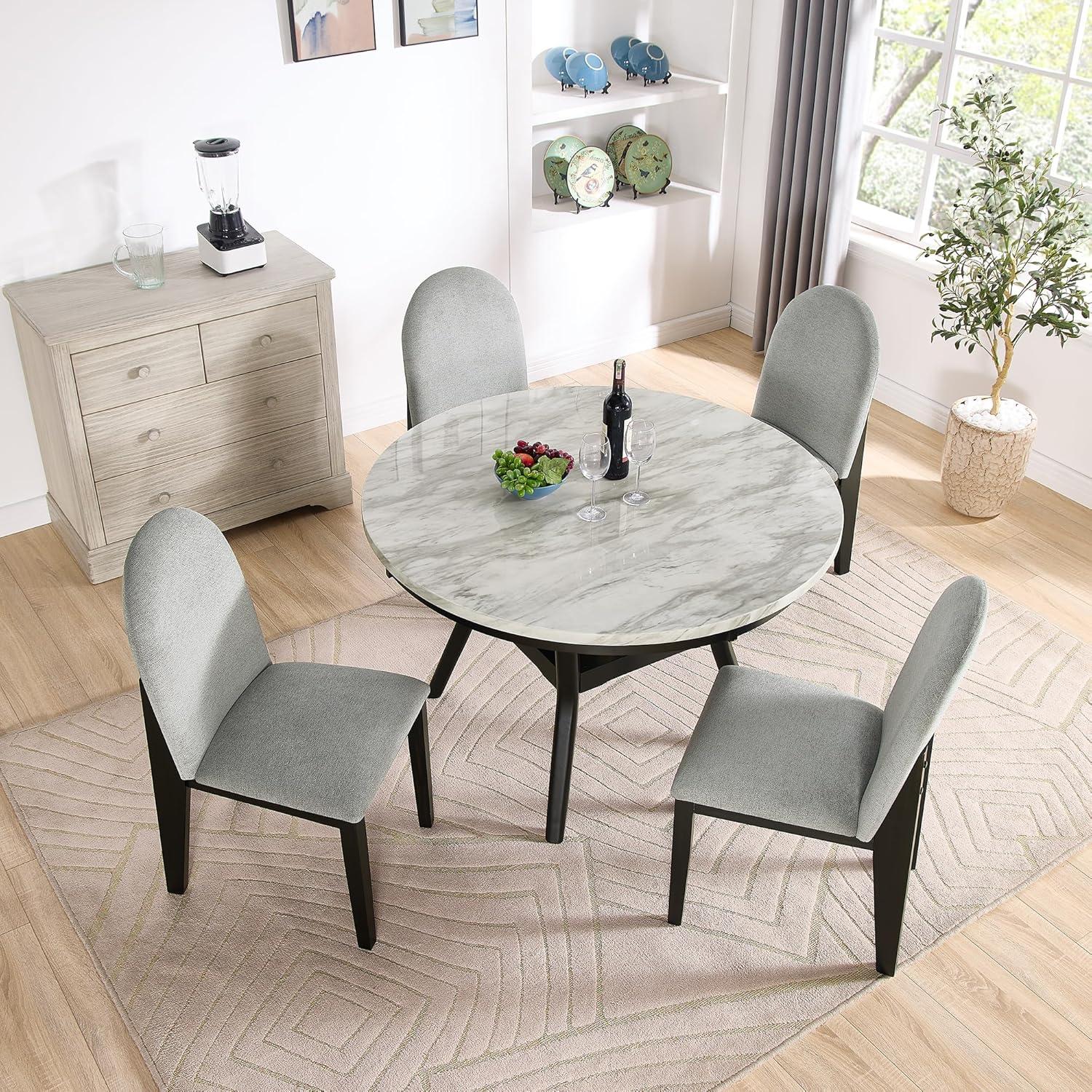 Linique 5 Piece Dining Table Set for 4, Kitchen Table and Chairs for 4, Round Dining Table with 4 Upholstered Chairs and Storage for Dining Room Small Spaces, Black + White