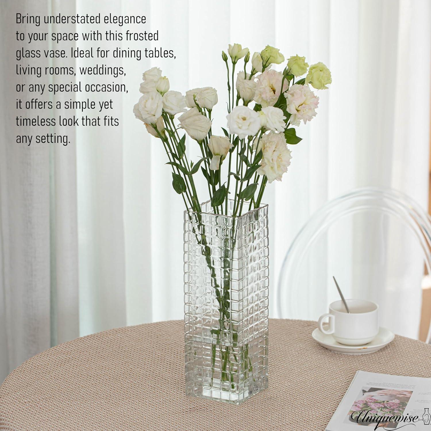 Uniquewise Large Square Frosted Clear Glass Table Vase - A Timeless Centerpiece for Dining Tables, Living Rooms, Bedrooms, Hotel Reception Areas