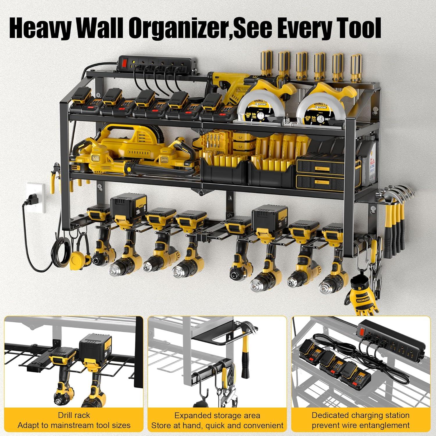 Spampur Power Tool Organizer Wall Mount with Charging Station, Garage Tool Shelf 6 Drill Holders, Tool Battery Holder with Plier holder Heavy Duty Rack, Tool Storage Rack with 4 Outlet Power Strip