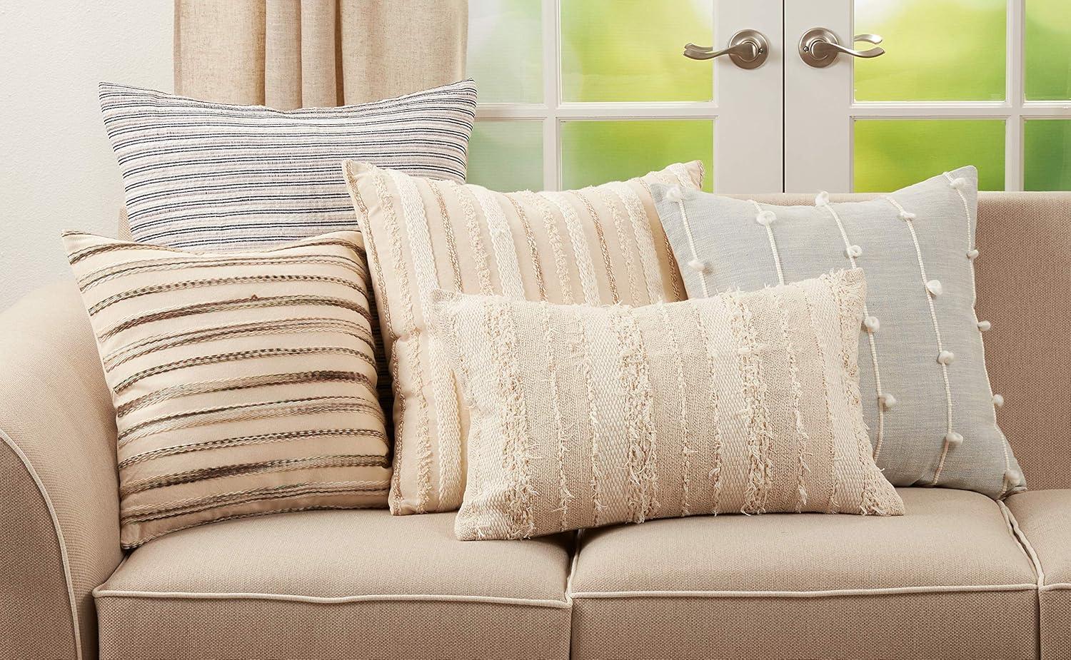 Large Beige Woven Cotton Coastal Throw Pillow