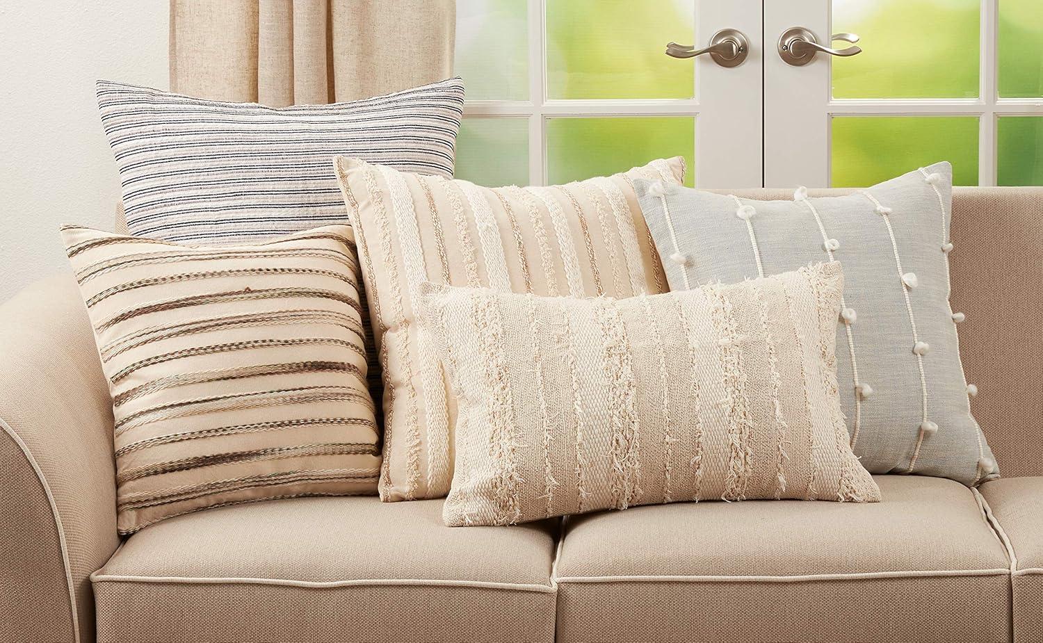 Saro Lifestyle Fringe Stripe Design Throw Pillow With Poly Filling, Ivory, Ivory, 22" x 22"