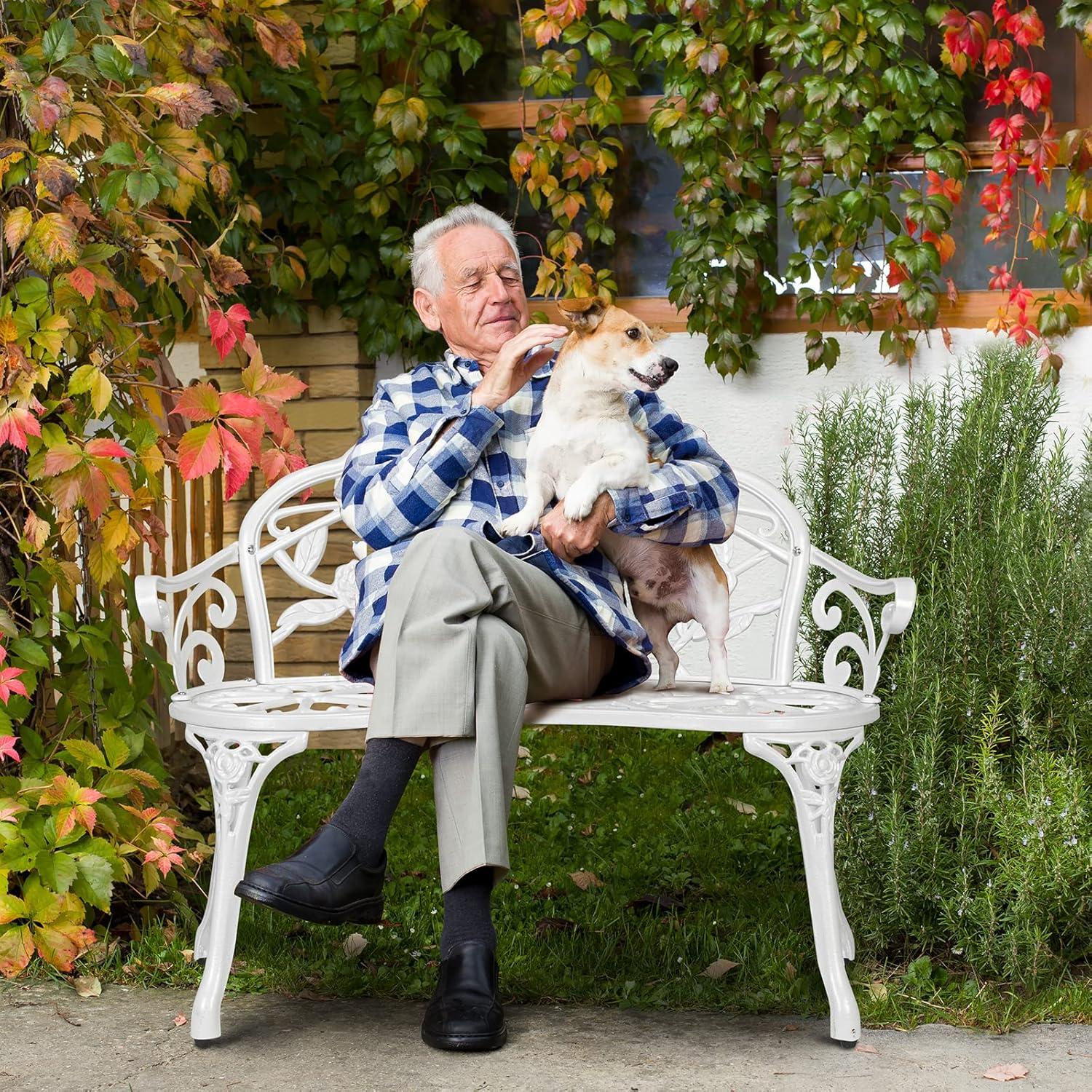 WANCQ 38.5" Patio Park Garden Outdoor Metal Rose Bench,Cast Iron Cast Aluminium Frame Antique Finish Chair,Accented Lawn Front Porch Path Yard Decor Deck Furniture for 2 Person Seat（White)