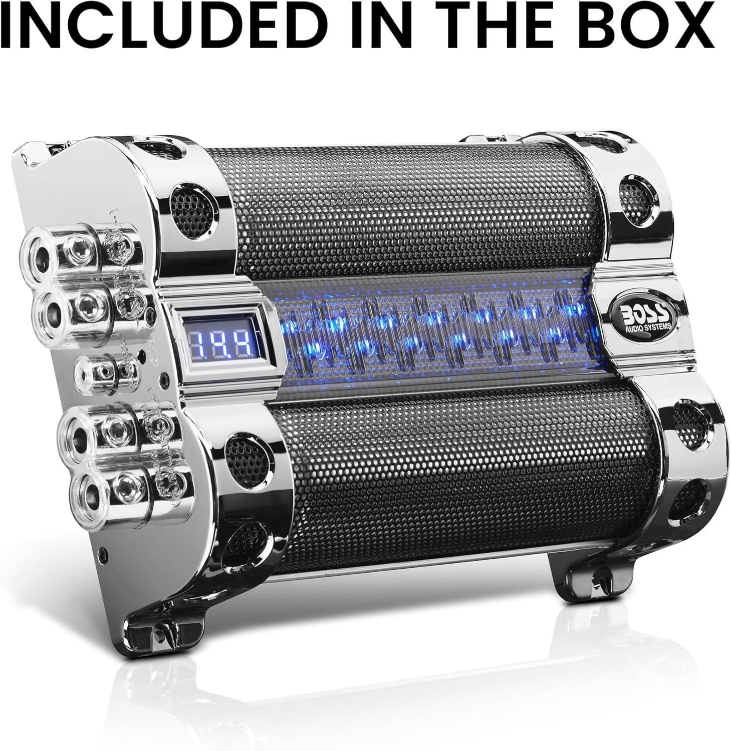 BOSS Audio Systems Cap18 - 18 Farad Car Audio Capacitor - Energy Storage, Enhance Bass From Stereo, Warning Reverse Polarity Tone, Voltage Overload Low Battery Voltage Led, For Amplifier and Subwoofer