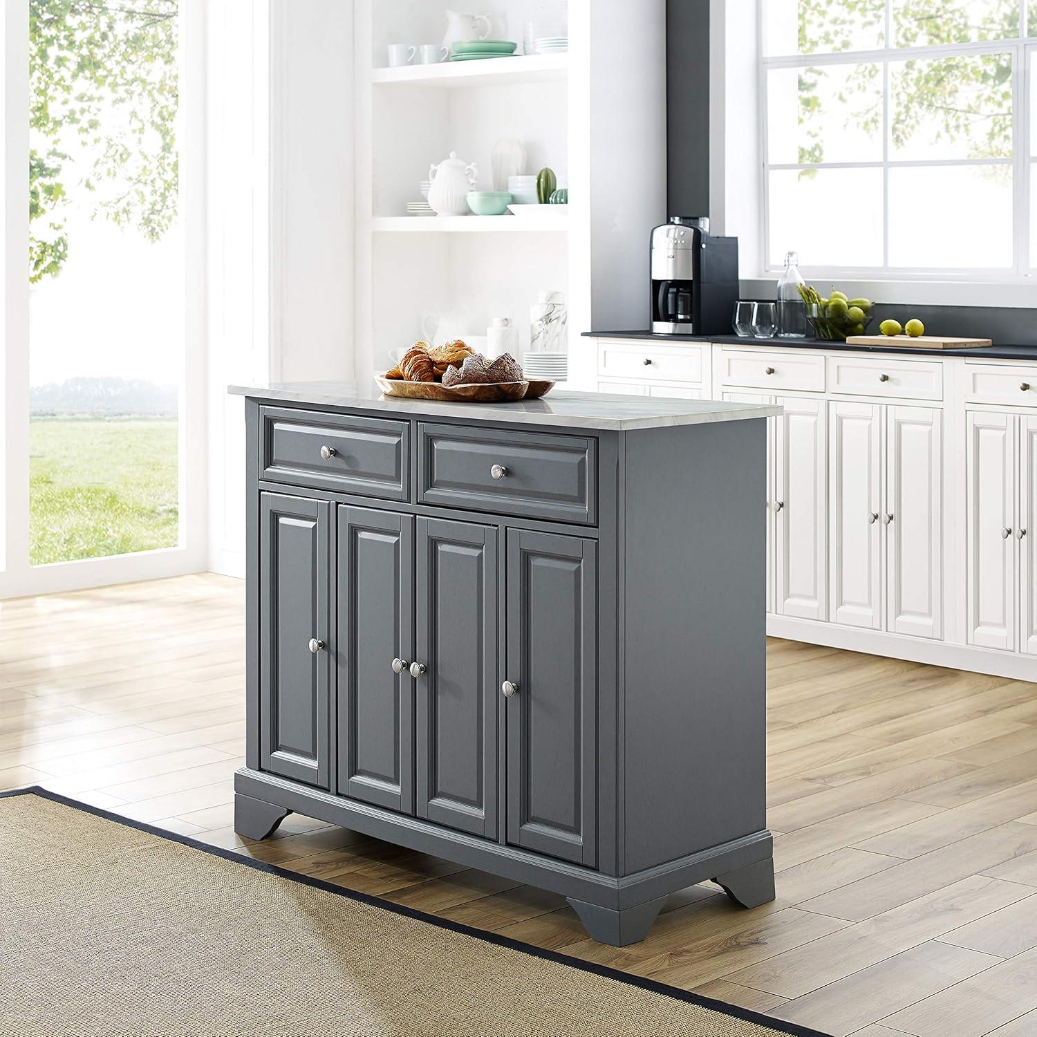 One Allium Way® Kitchen Island With Storage Shelves, Microwave Stand, Coffee Bar, Gray - Birch Veneer, Marble Finish, 2 Drawers & 3 Cabinets, Brushed Nickel Hardware