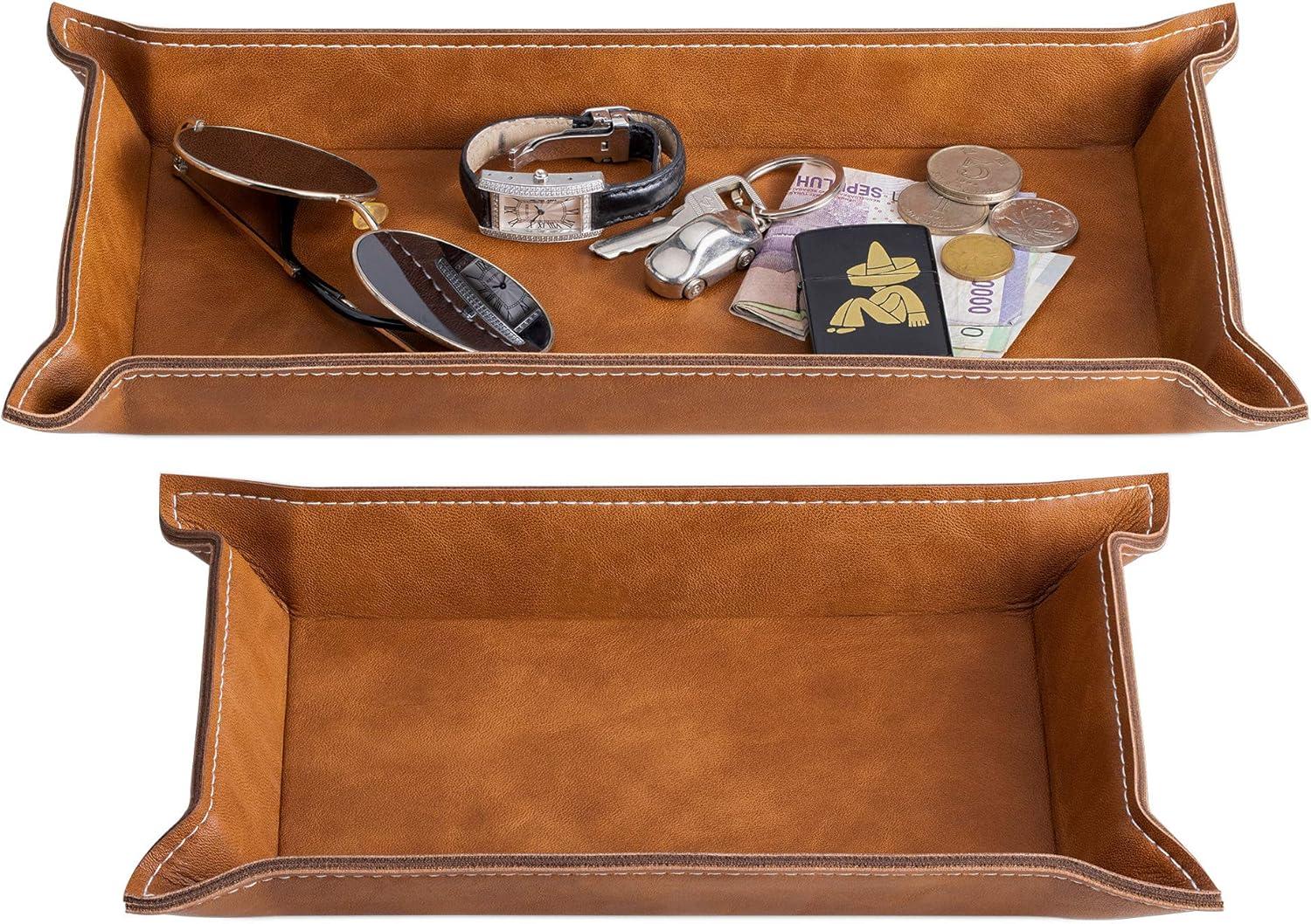 Navaris Faux Leather Tray Set - 2 Valet Organizer Trays for Bedside Table, Retro Fashion - Desk Storage Plate for Key Coin Phone Wallet (Brown)