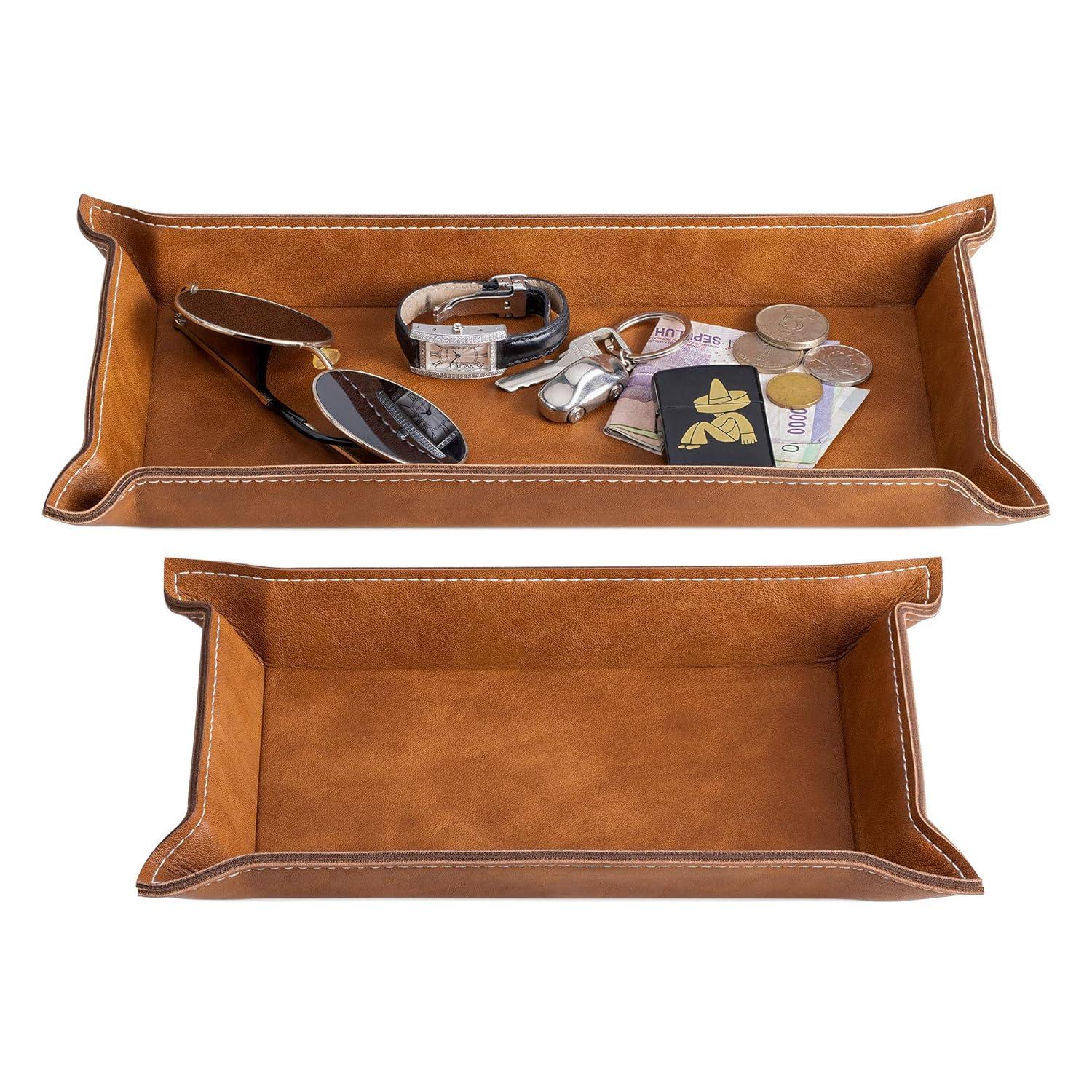 Navaris Faux Leather Tray Set - 2 Valet Organizer Trays for Bedside Table, Retro Fashion - Desk Storage Plate for Key Coin Phone Wallet (Brown)