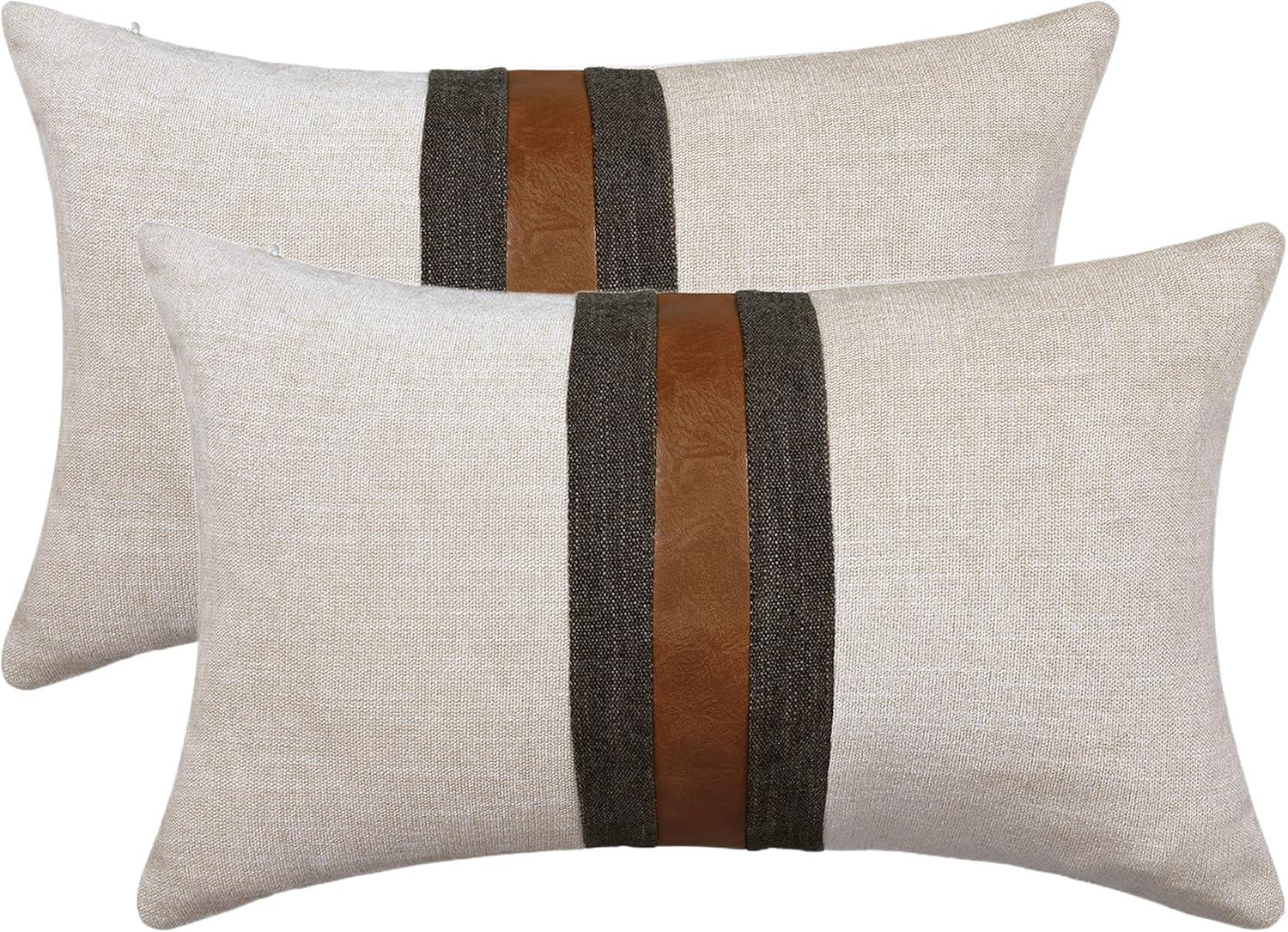 Beige and Brown Faux Leather Patchwork Pillow Covers, 12x20 Inch