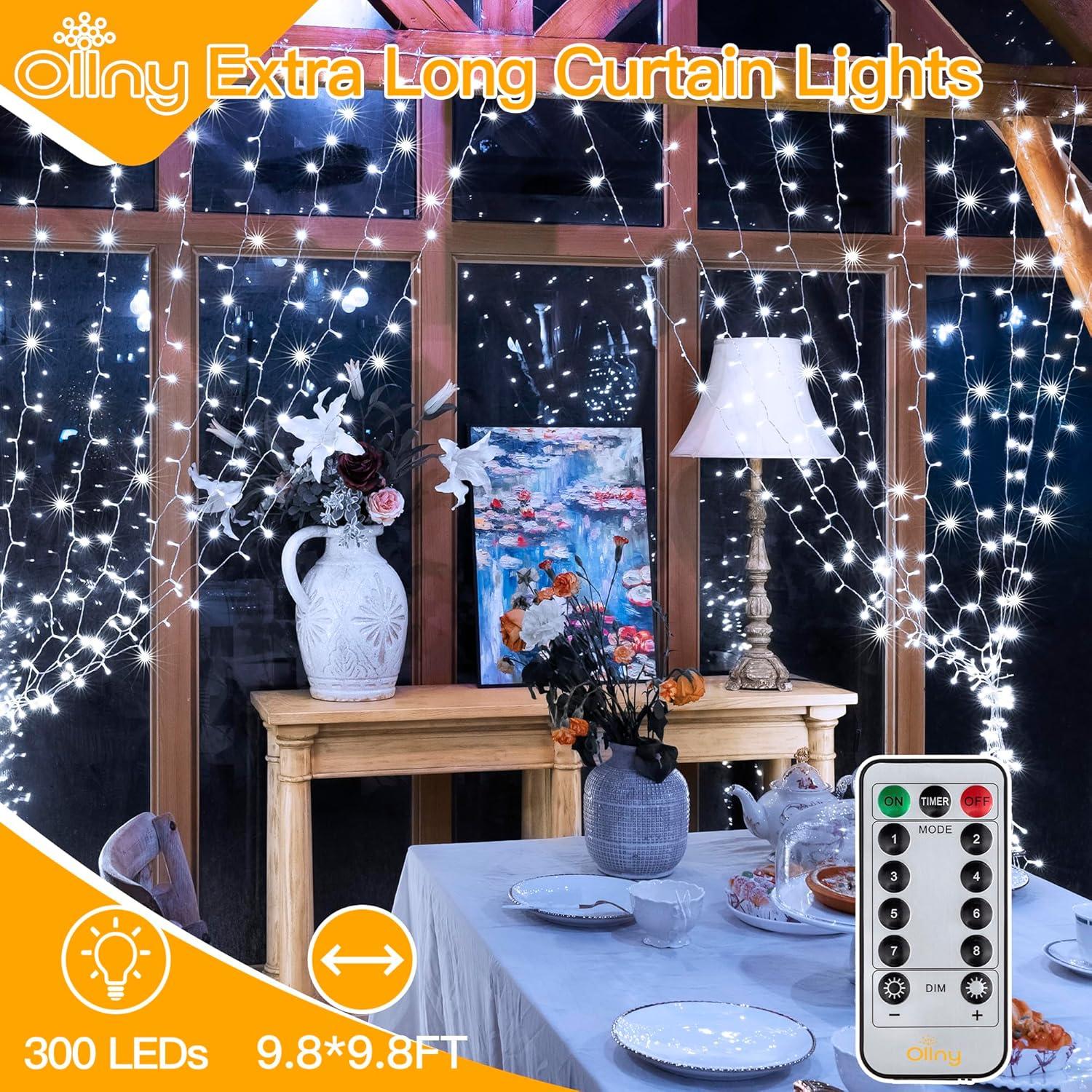 Ollny 300 LED 9.8ftx9.8ft Outdoor Waterproof Christmas Curtain Lights with Remote Timer 8 Modes, USB Powered, Cool White
