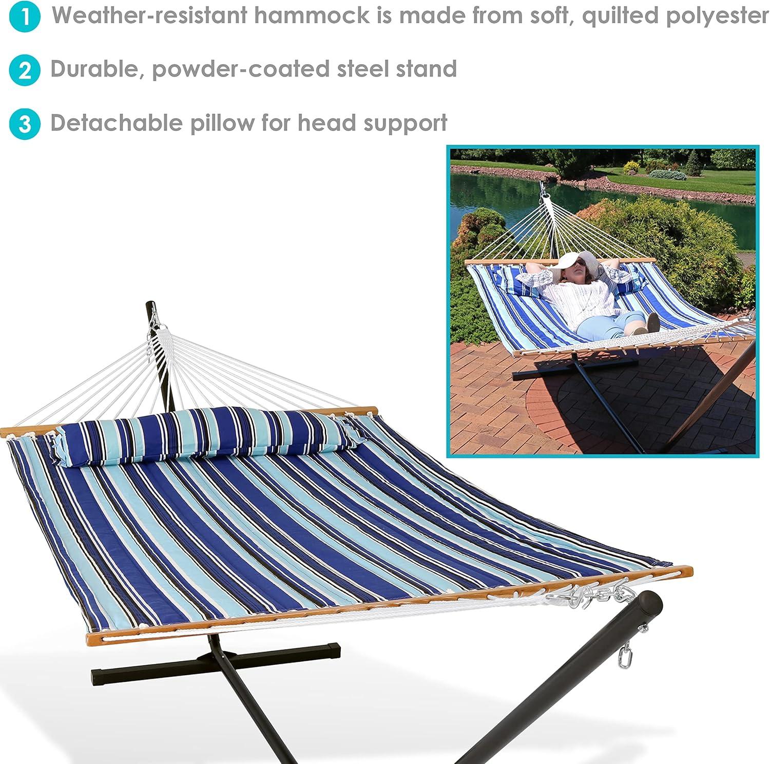 Sunnydaze Outdoor 2-Person Double Polyester Quilted Hammock with Wood Spreader Bar and 12ft Black Steel Stand - Catalina Beach
