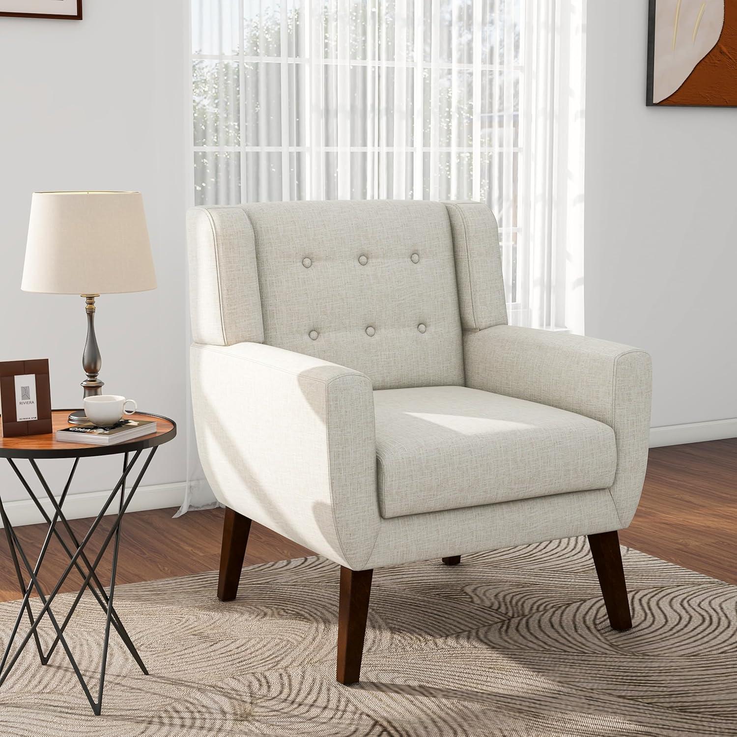 UIXE Beige Accent Chair Set of 2, Linen Fabric Armchair for Living Room, Modern Arm Chairs