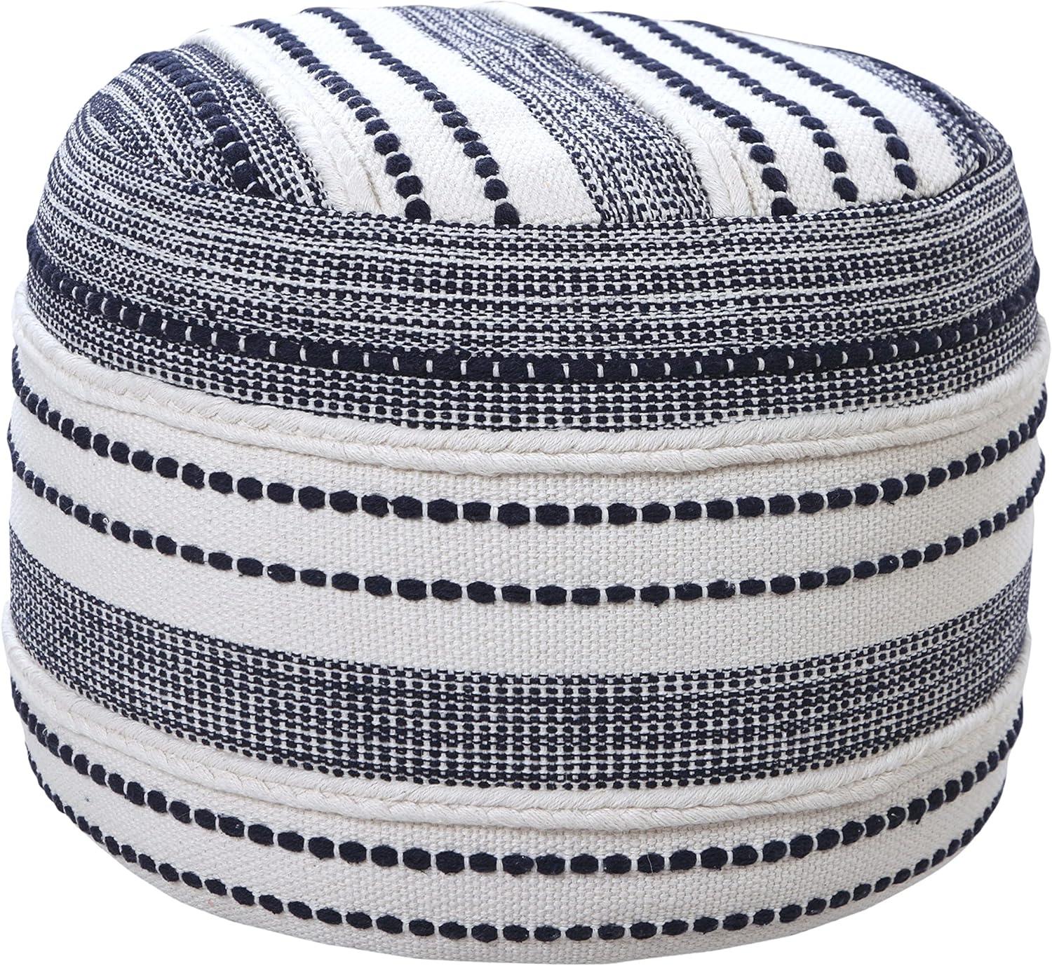 LR Home Small Braided Striped Indoor Round Pouf, Navy/Ivory, 18" x 18" x 14"