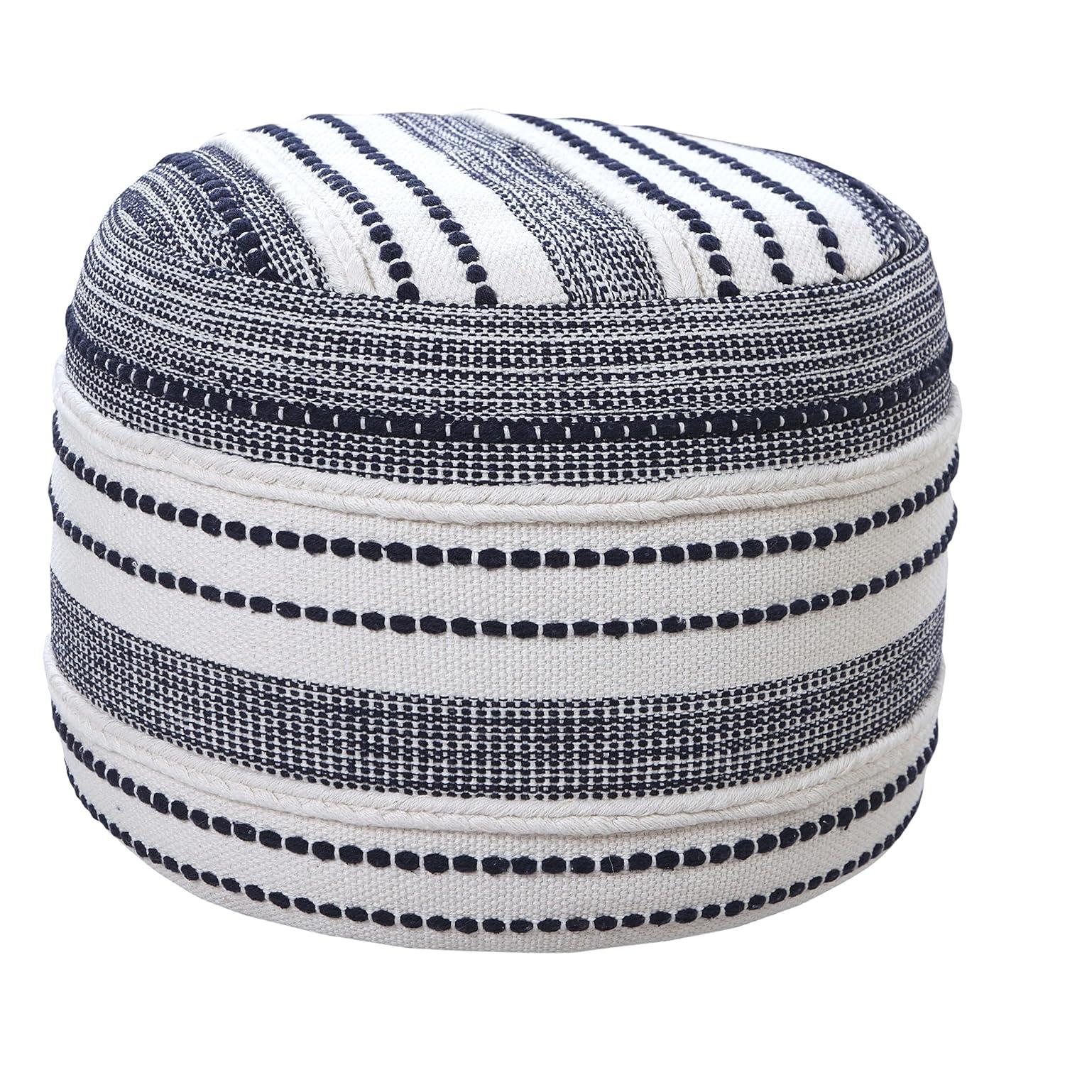 LR Home Fred Round Navy/White Striped Indoor Pouf Ottoman, 14"H x 18"W