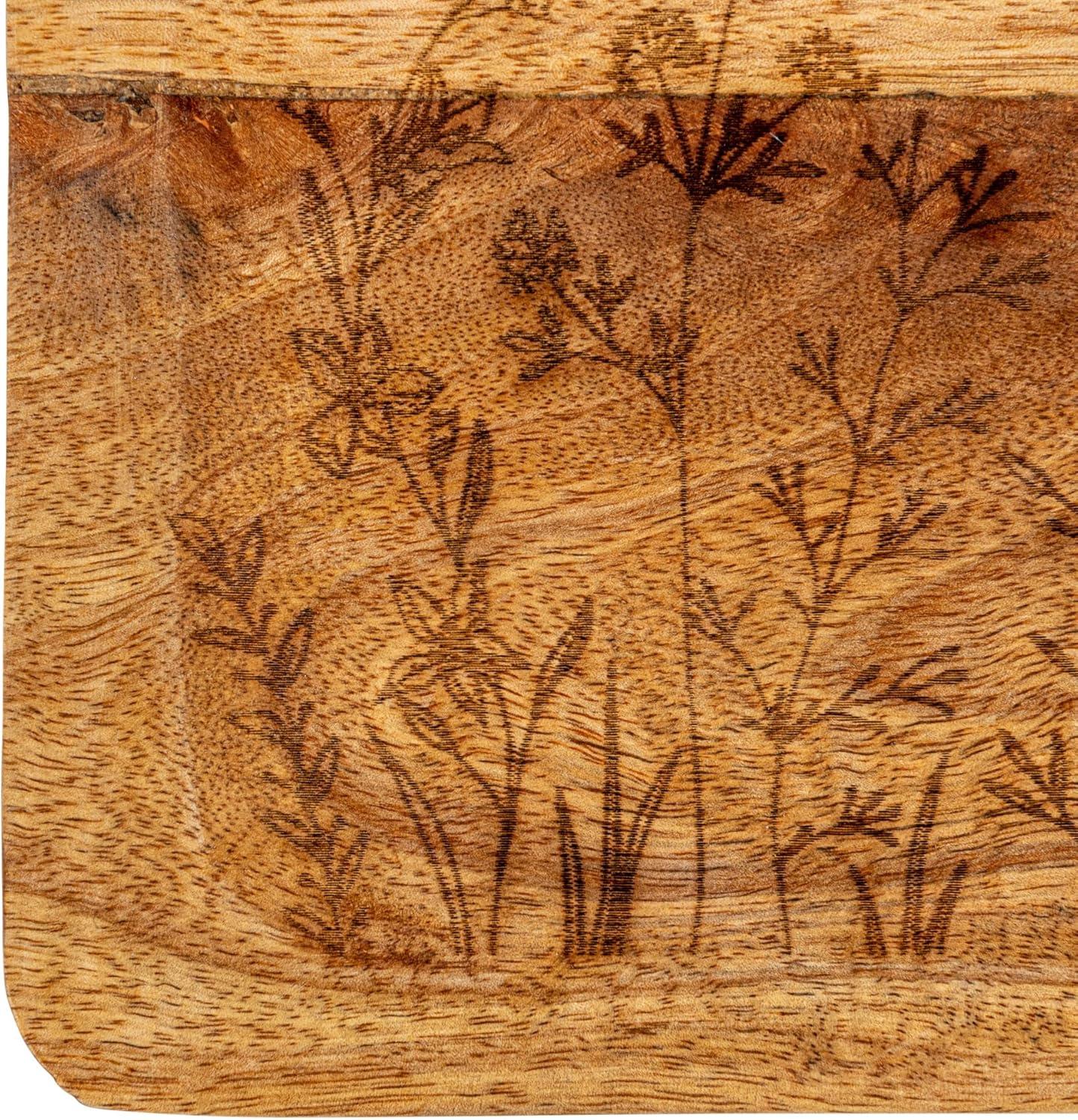 Creative Co-Op 11.75 Inches Mango Wood Laser Etched Botanicals, Natural Tray