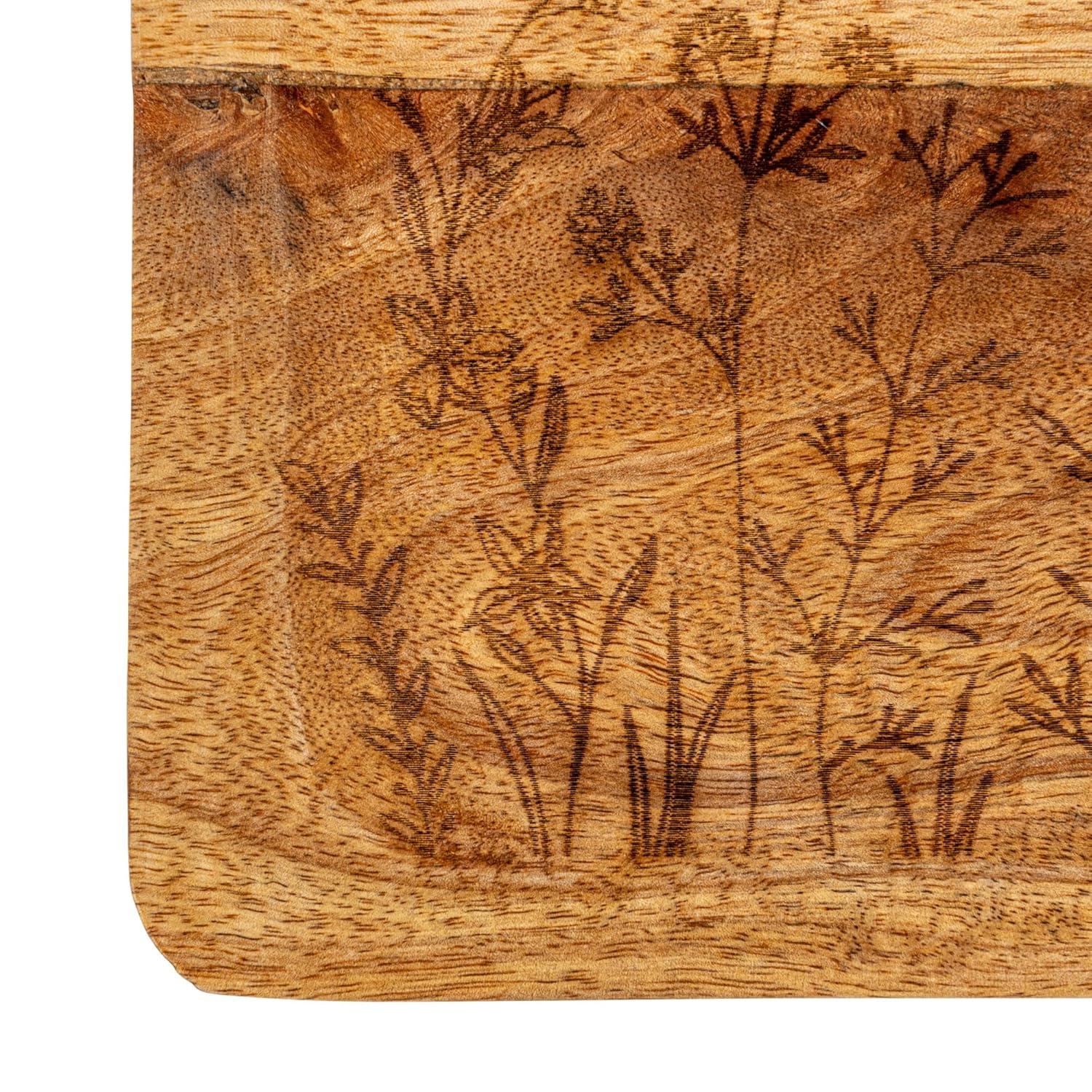 Creative Co-Op 11.75 Inches Mango Wood Laser Etched Botanicals, Natural Tray