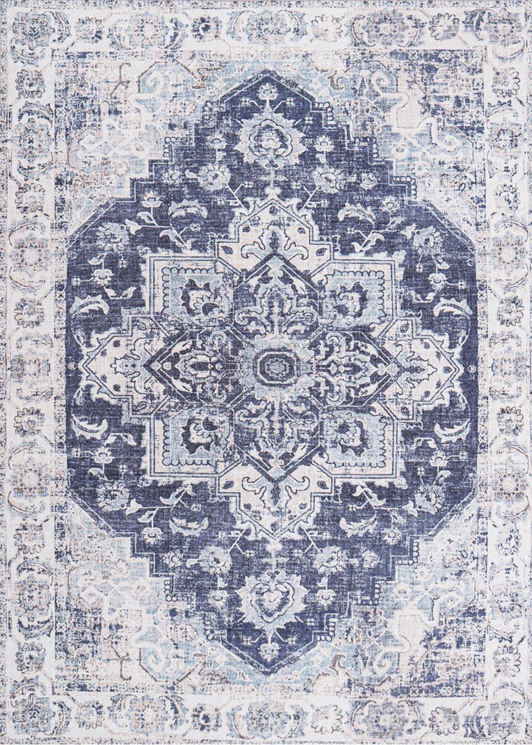 Washable Area Rug 5x7, Blue Rug for Living Room, Non Slip Low Pile Carpet for Bedroom, Dinning Room (Vintage Blue, 5'x7')