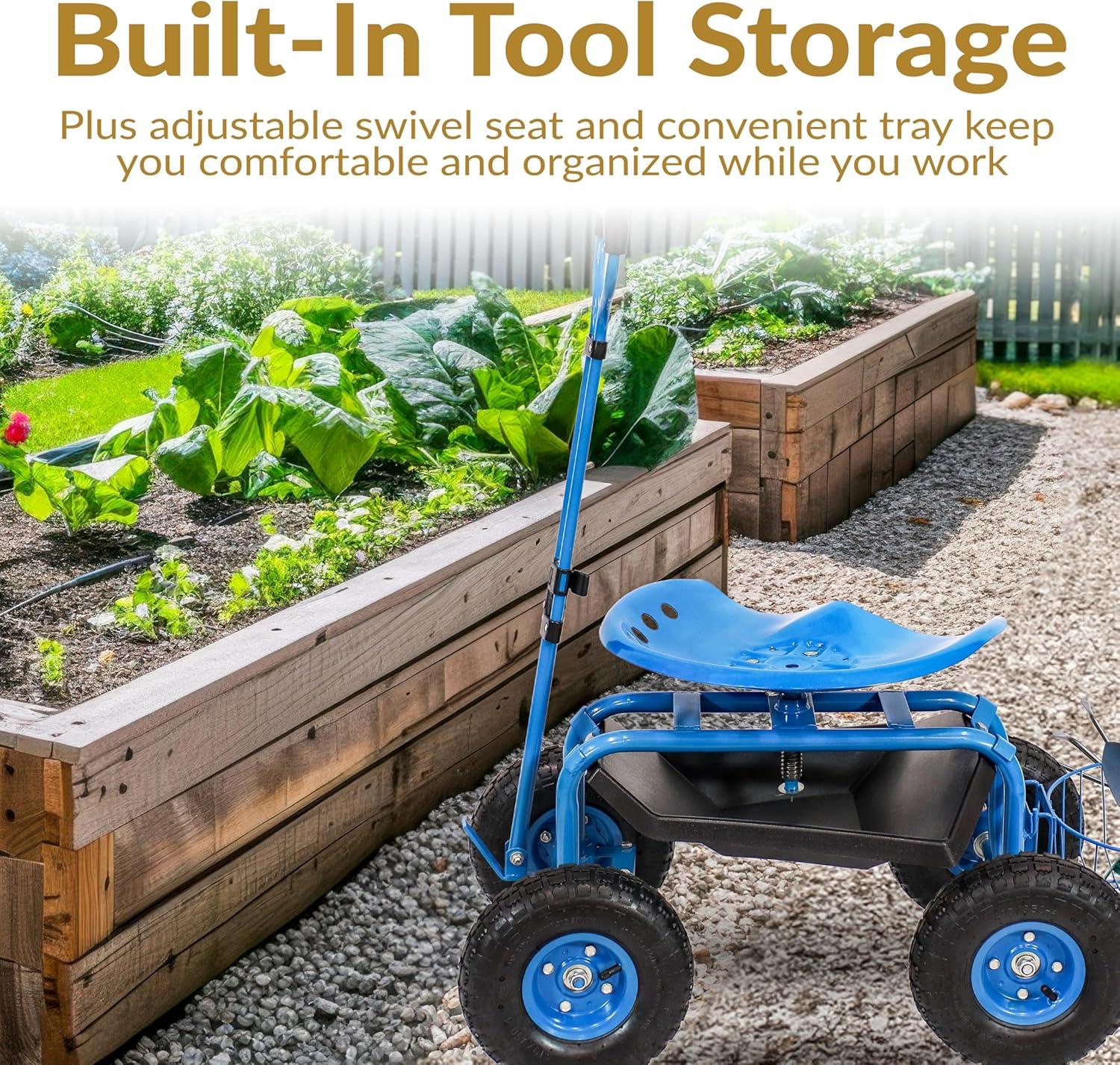 Sunnydaze Outdoor Heavy-Duty Steel Rolling Gardening Cart with Extendable Steer Handle, Swivel Chair, Tool Tray, and Basket - Blue