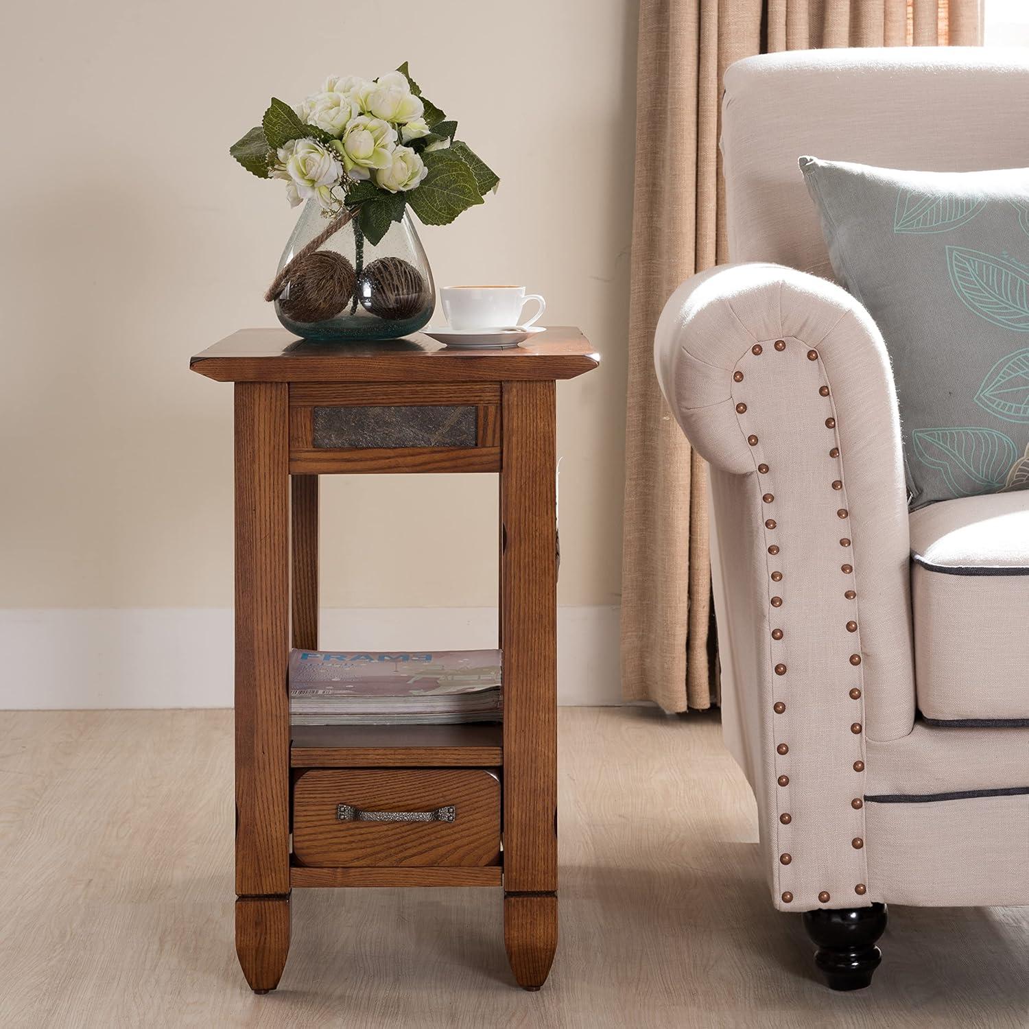 Rustic Oak and Slatestone Square Chairside End Table