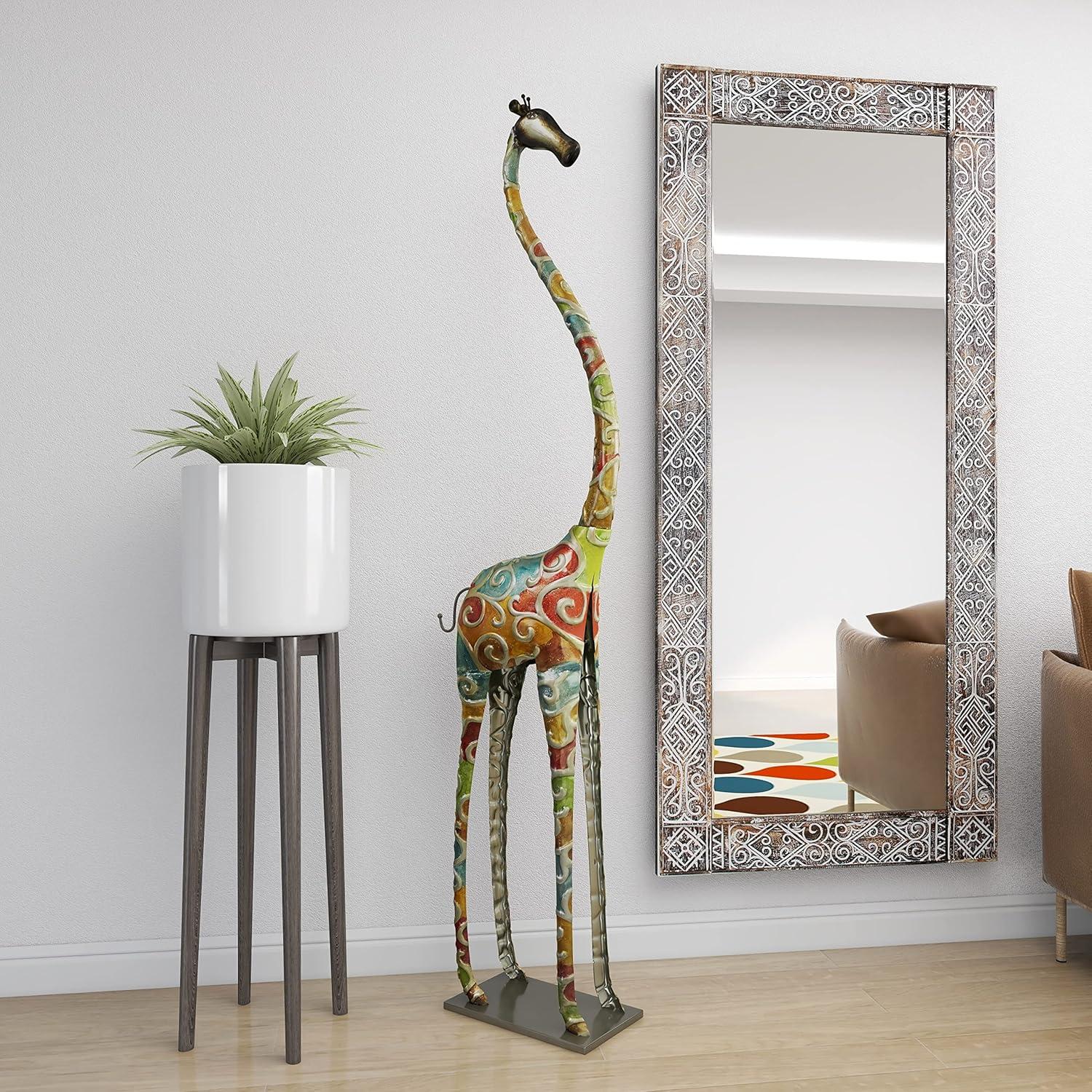 DecMode Extra Large and Colorful Floor Giraffe Sculpture, Molded from Iron with Grey Metal Finish, 17"W x 3"L x 73"H