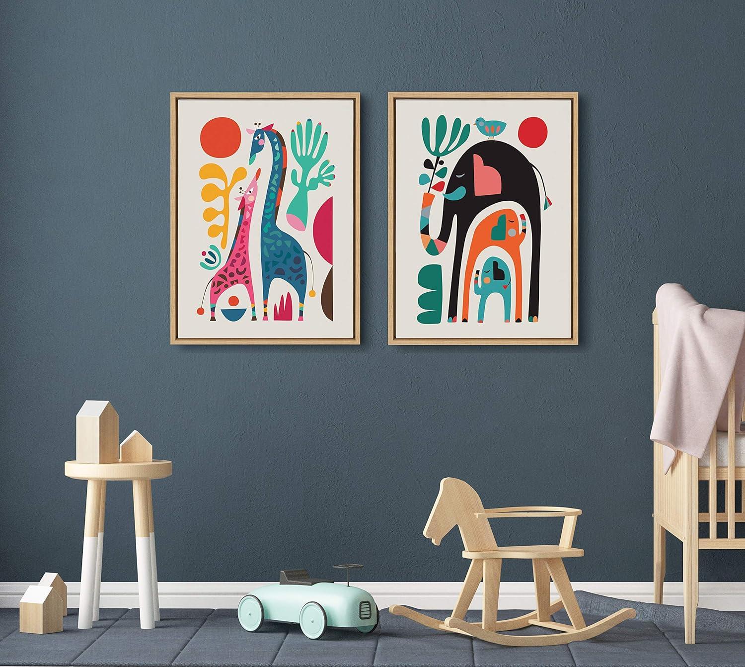 18" x 24" Sylvie Three Elephants Framed Canvas Wall Art by Rachel Lee Natural - Kate and Laurel