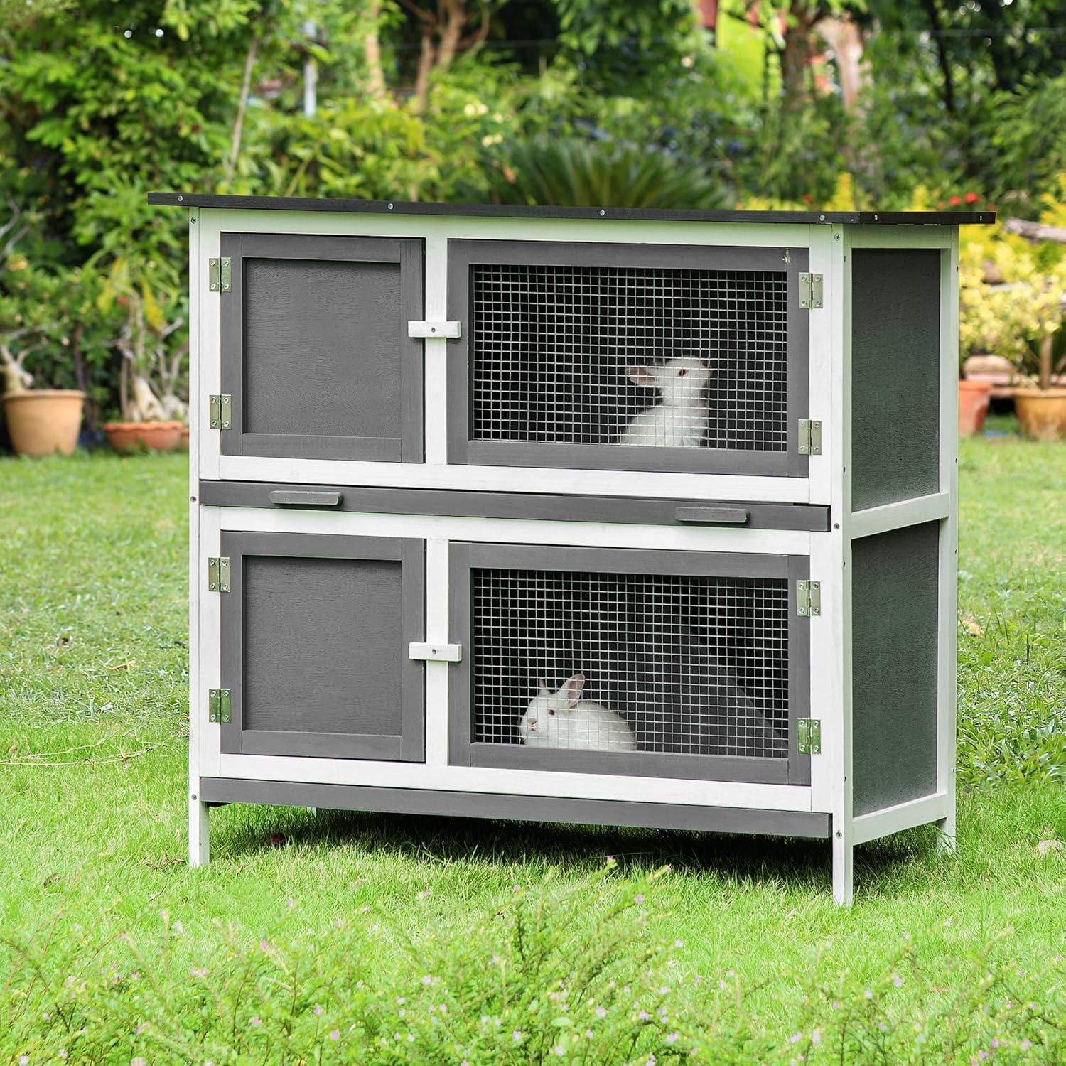 PawHut Wooden Bunny Hutch Rabbit Hutch Small Animals Habitat with Ramp, Removable Tray and Weatherproof Roof, Indoor/Outdoor