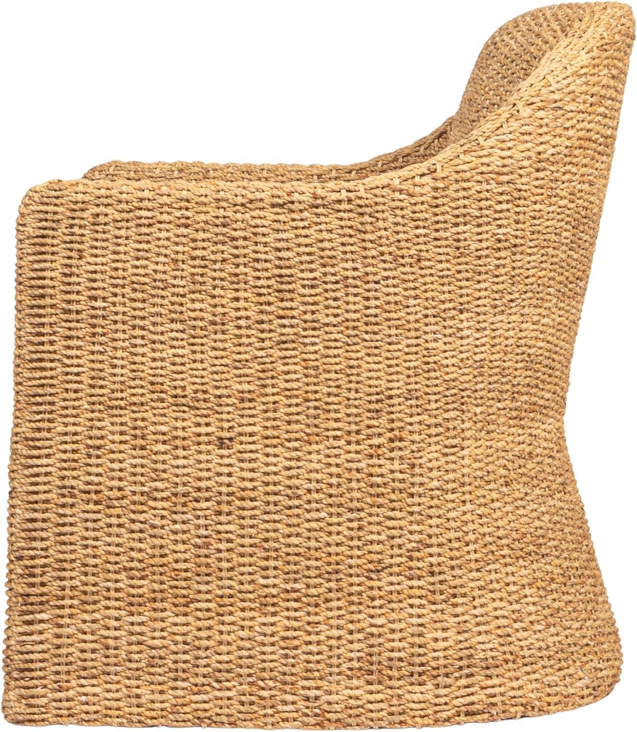 Natural and Cream Woven Water Hyacinth and Acacia Wood Outdoor Lounge Chair with White Cushion