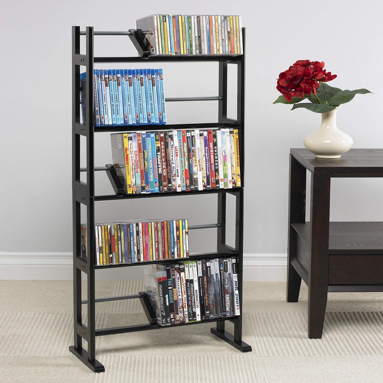 Espresso Wood and Metal Media Storage Rack with Dividers