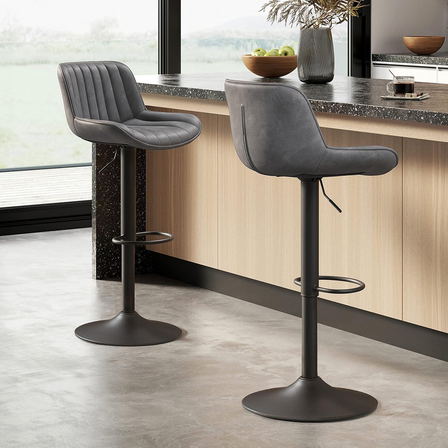 Art Leon Rustic Bar Stools Set of 2, Faux Leather with Backrest Chrome Legs, Upholstered Swivel Kitchen Stools, Gray