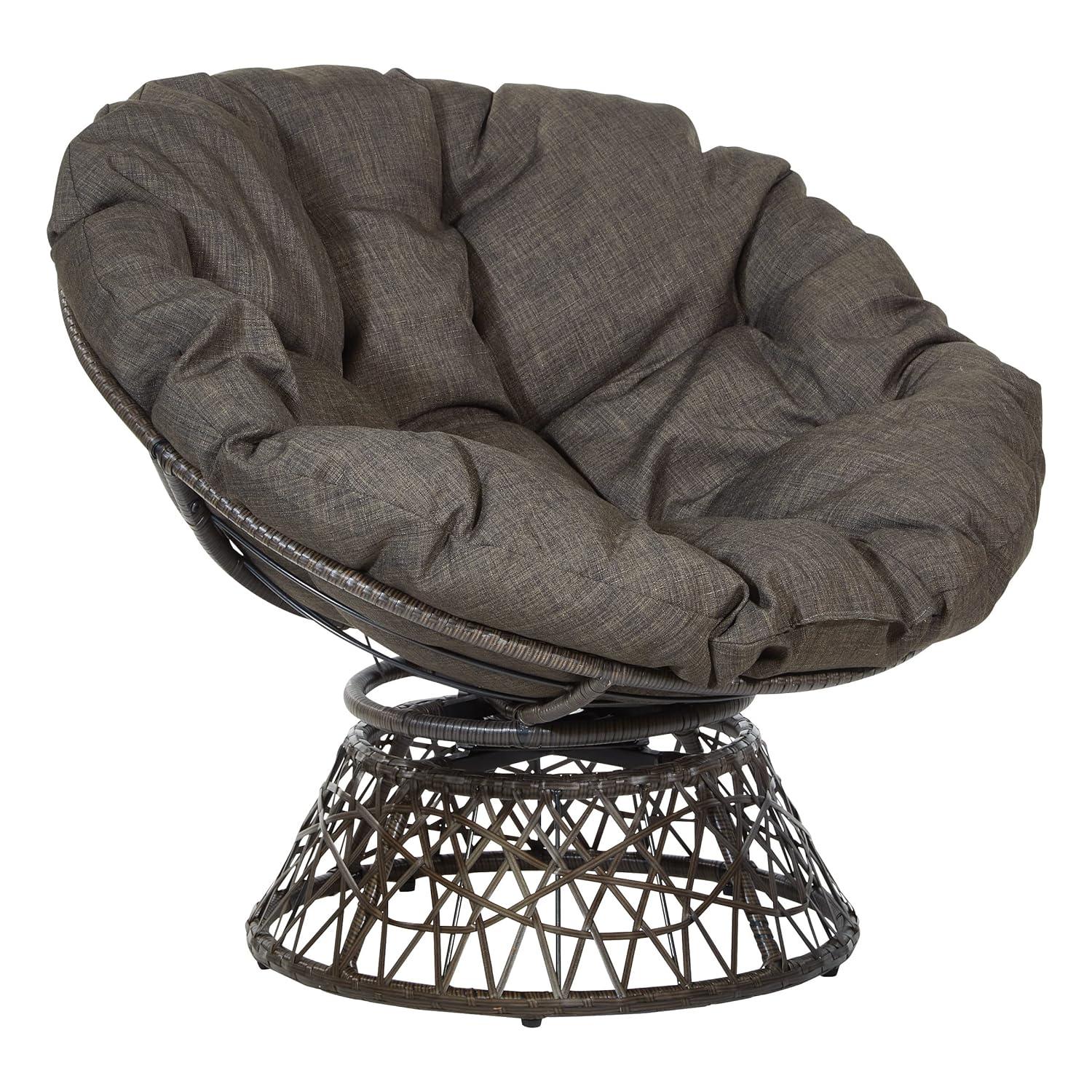 OSP Home Furnishings Papasan Chair Brown: Upholstered, Swivel, Reading & Dorm Saucer Chair with Cushion