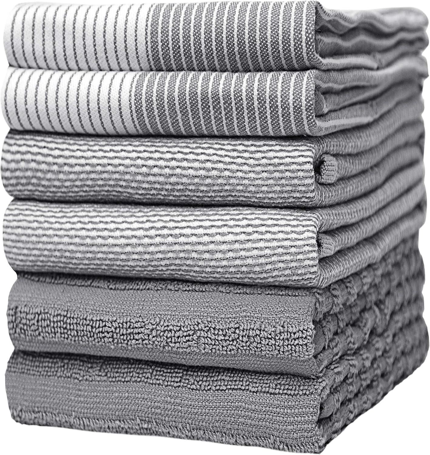 Gray Cotton Terry and Flat Kitchen Towel Set, 20" x 28", 6-Pack