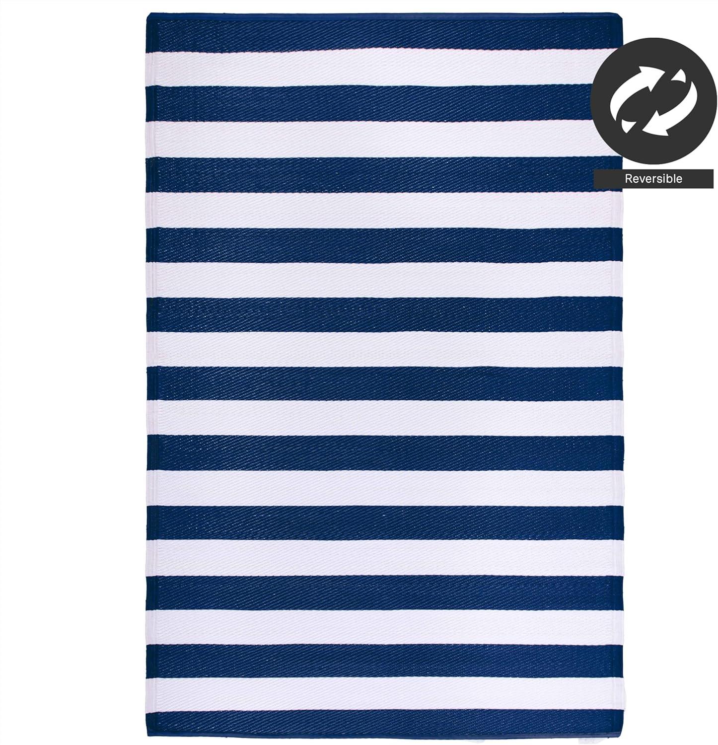 FH Home Outdoor Rug - Waterproof, Fade Resistant, Crease-Free - Premium Recycled Plastic - Striped - Patio, Deck, Porch, Balcony, Laundry Room - Brittany Stripe - Blue & White - 4 x 6 ft