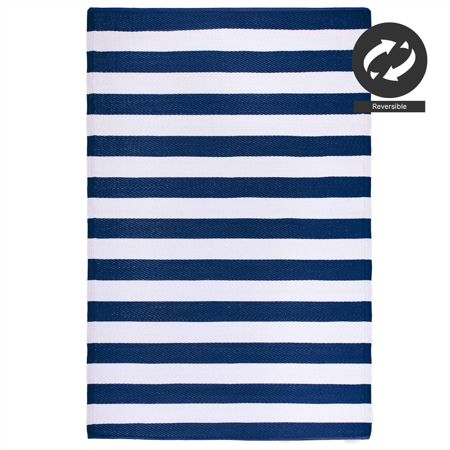 FH Home Outdoor Rug - Waterproof, Fade Resistant, Crease-Free - Premium Recycled Plastic - Striped - Patio, Deck, Porch, Balcony, Laundry Room - Brittany Stripe - Blue & White - 4 x 6 ft