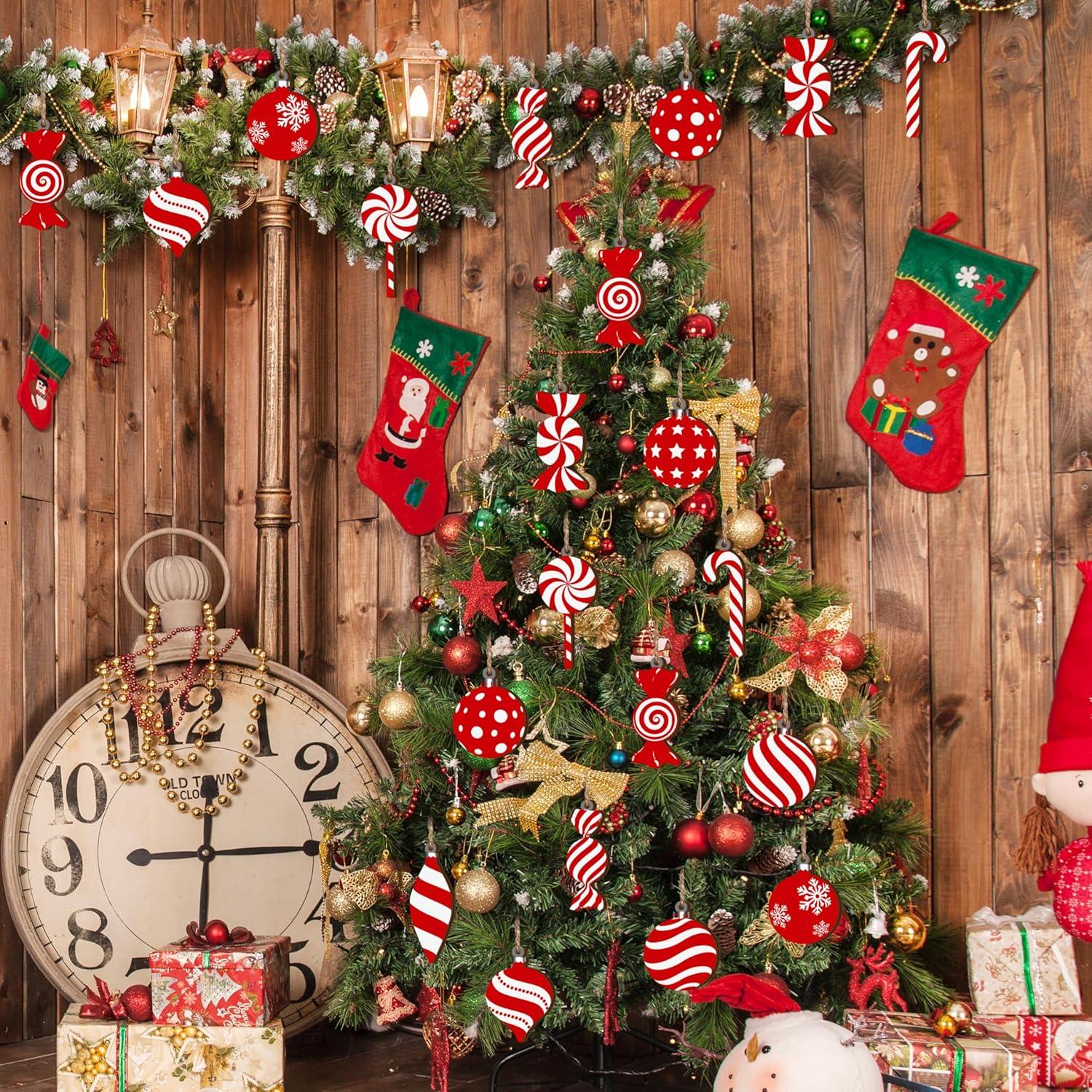 24Pcs Christmas Candy Hanging Ornaments, Wood Christmas Ornament Peppermint Lollipop Tree Ornaments with Rope, Leodye Clearance Black of Friday Christmas Special Offers