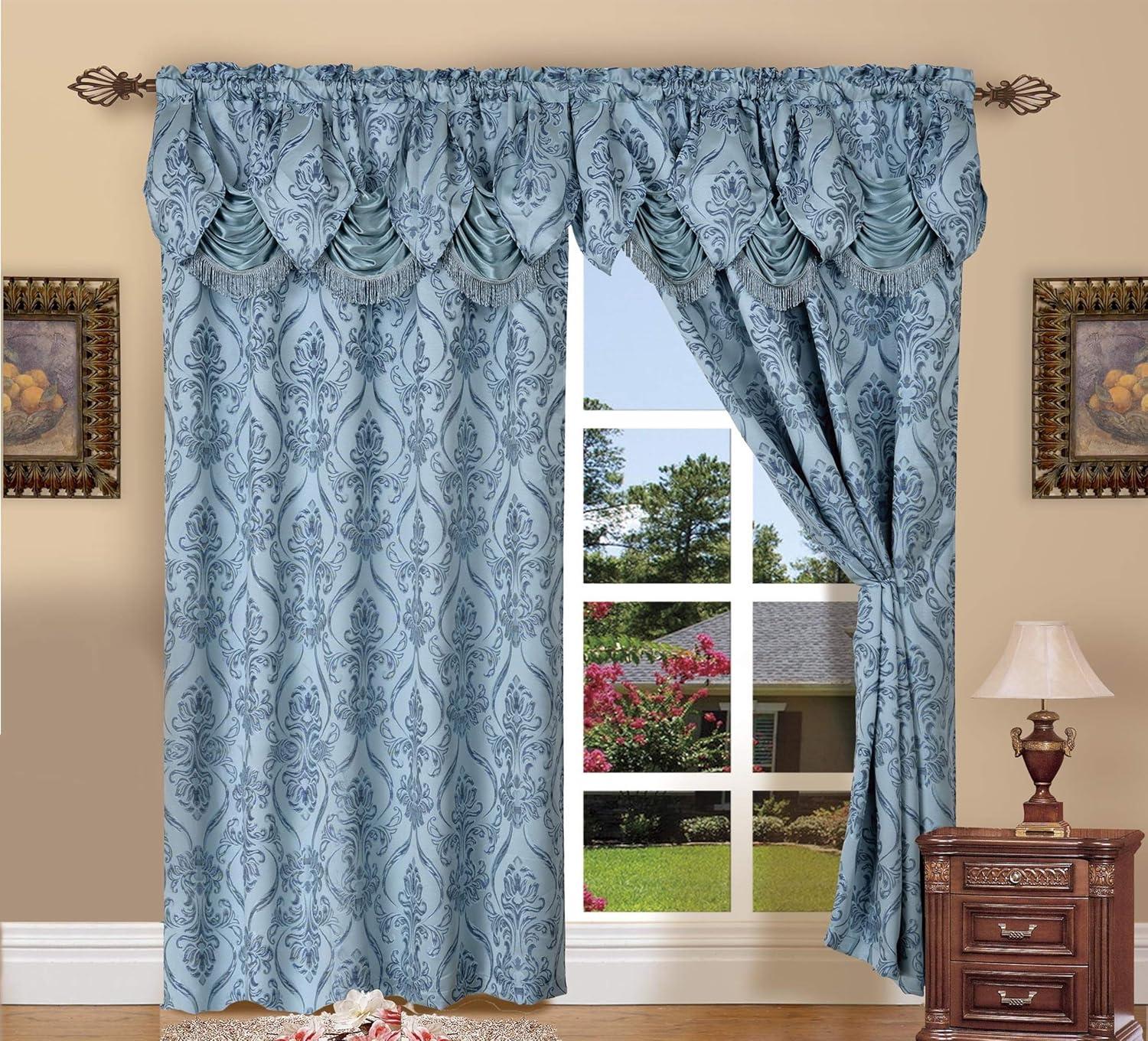 Blue Jacquard Rod Pocket Curtain Panels with Valance, 54x84 Inches, Set of 2