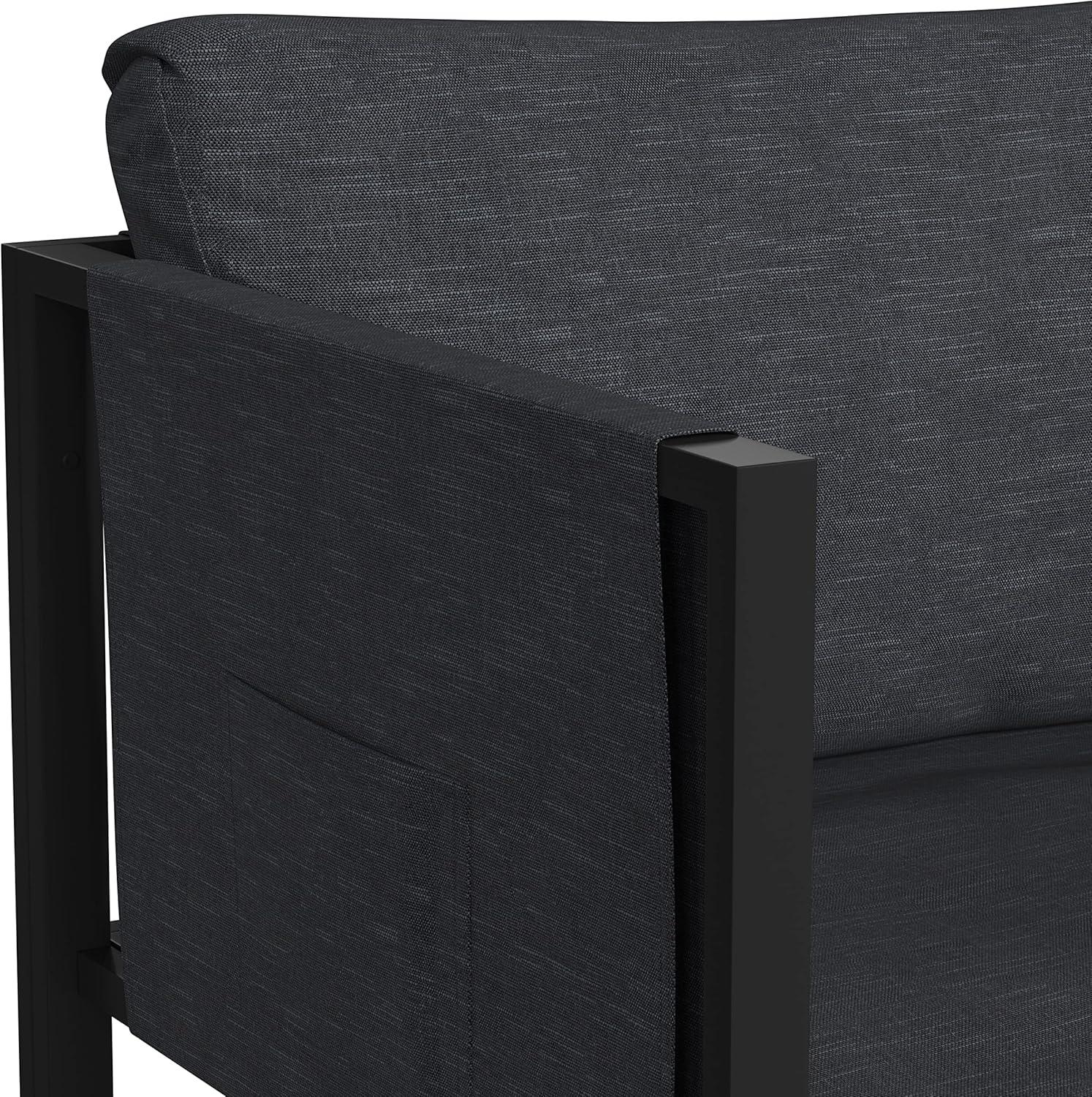 Flash Furniture Lea Indoor/Outdoor Patio Chair with Cushions - Modern Steel Framed Chair with Storage Pockets, Black with Charcoal Cushions