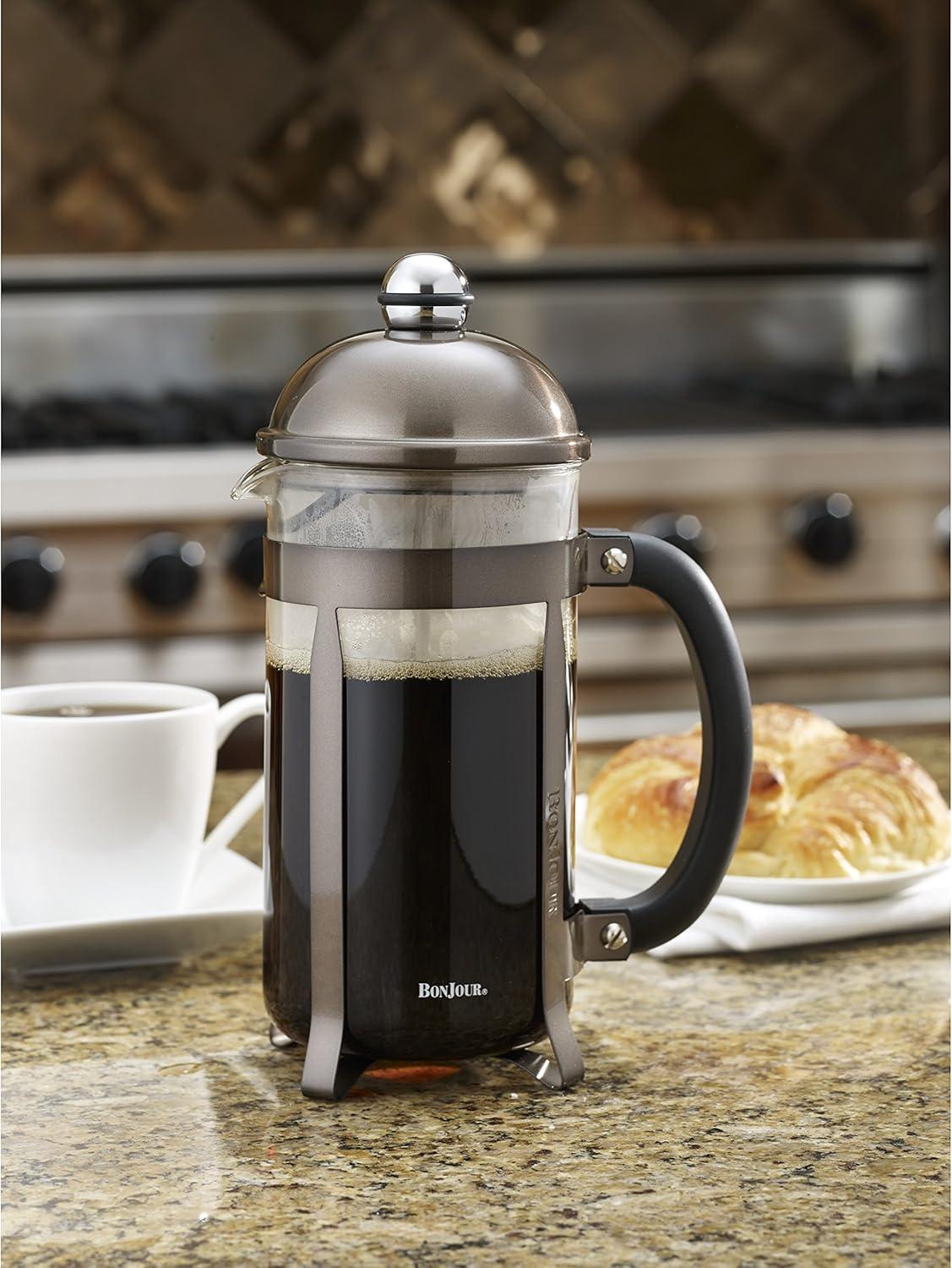 BonJour Coffee Stainless Steel French Press with Glass Carafe, 33.8-Ounce, Maximus, Truffle