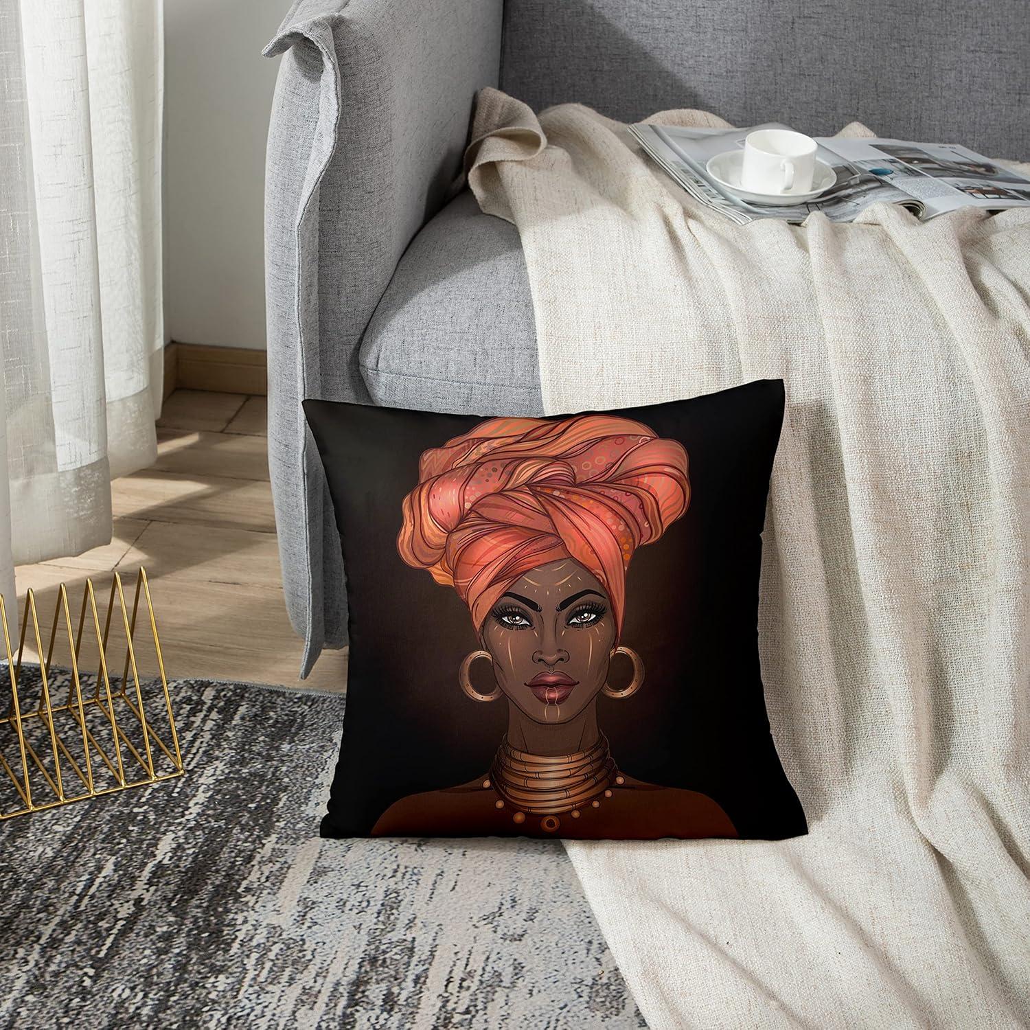 Emvency Throw Pillow Covers Decorative Cases African Pretty Girl of Black Woman with Glossy Lips and Turban Great 20x20 Inch Cover Cushion Pillowcase Square Case Print