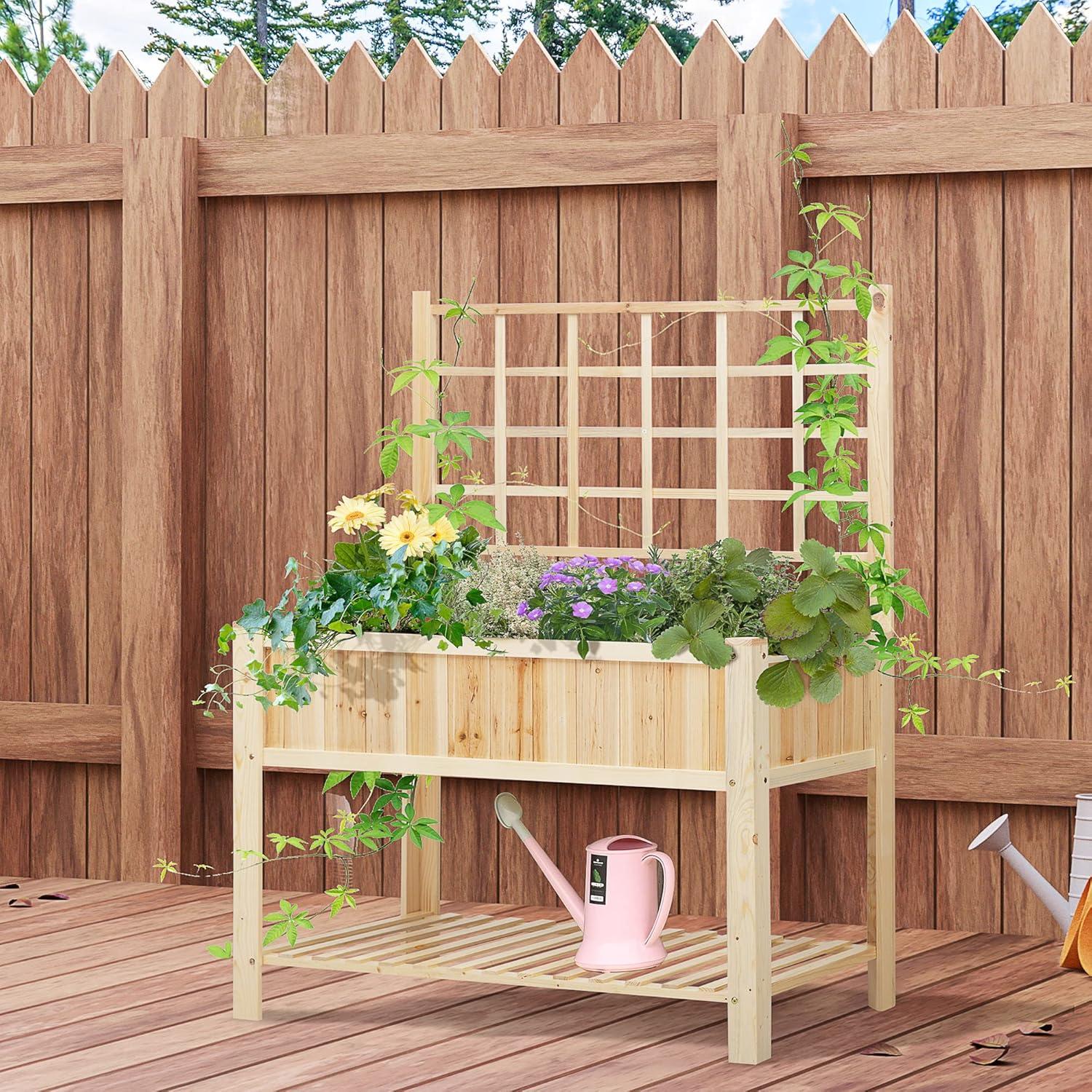 Natural Wood Raised Garden Bed with Trellis and Storage Shelf