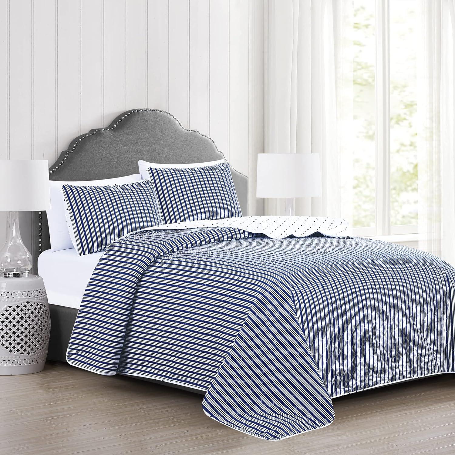 King White and Navy Reversible Microfiber Quilt Set