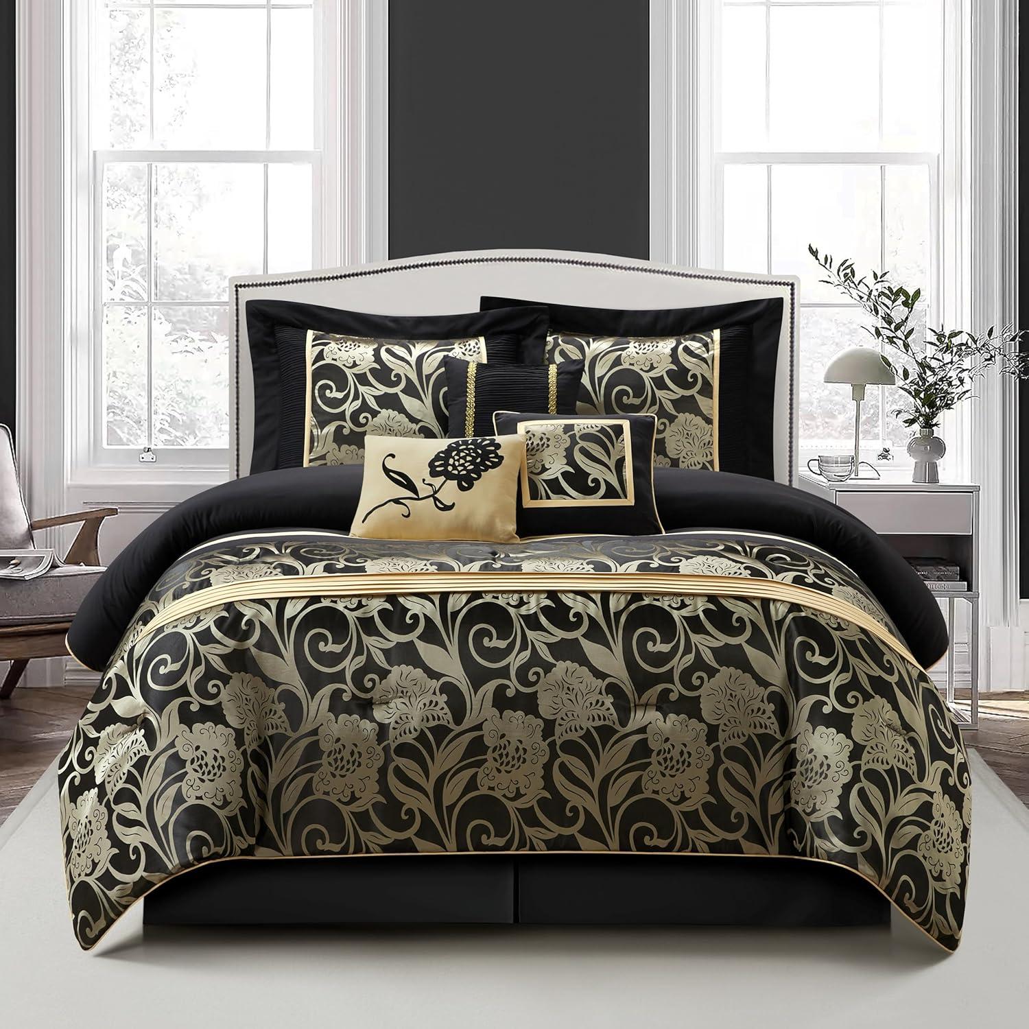 Fennville Black/Gold/Beige Microfiber 7 Piece Comforter Set