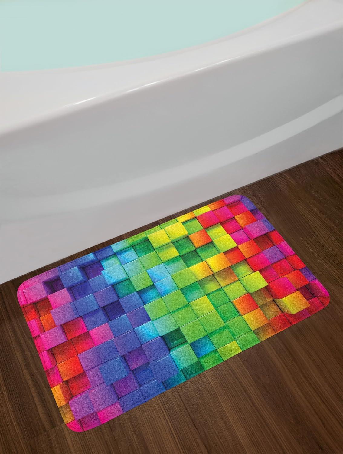 Colorful Bath Mat, Rainbow Colored Contour Display Futuristic Block Brick-Like Geometric Artisan, Non-Slip Plush Mat Bathroom Kitchen Laundry Room Decor, 29.5 X 17.5 Inches, Multicolor, Ambesonne