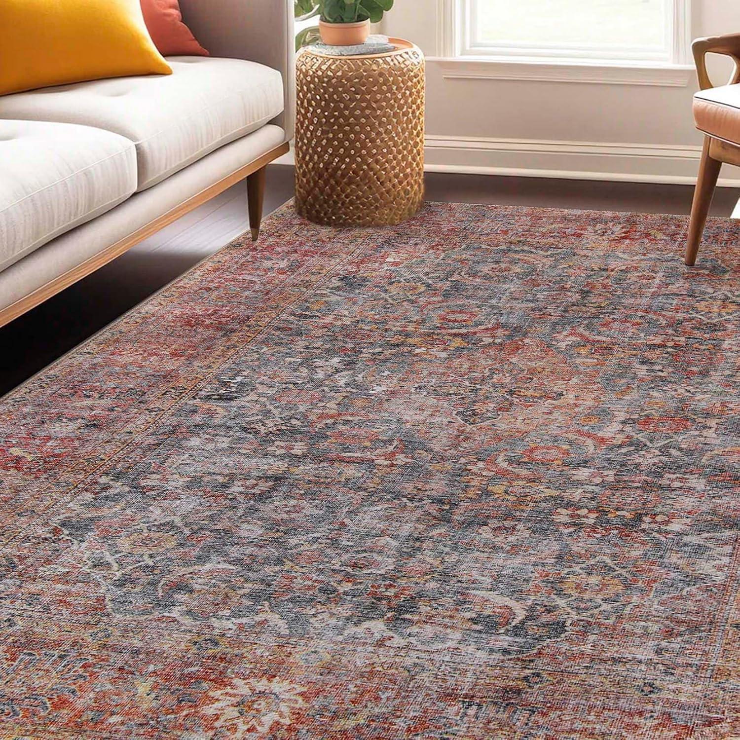 Superior Large Indoor Area Rug, Modern Floor Decor, Living/Dining Room, Kitchen, Entry, Distressed Floral, Geometric Medallion, Cotton Backing, Huda Collection, 3' 6" x 5' 6", Ruby Red